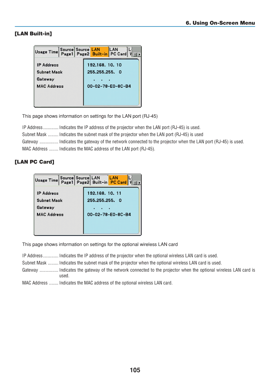 Dukane 8806 105, Using On-Screen Menu LAN Built-in, LAN PC Card, Indicates the MAC address of the LAN port RJ-45 