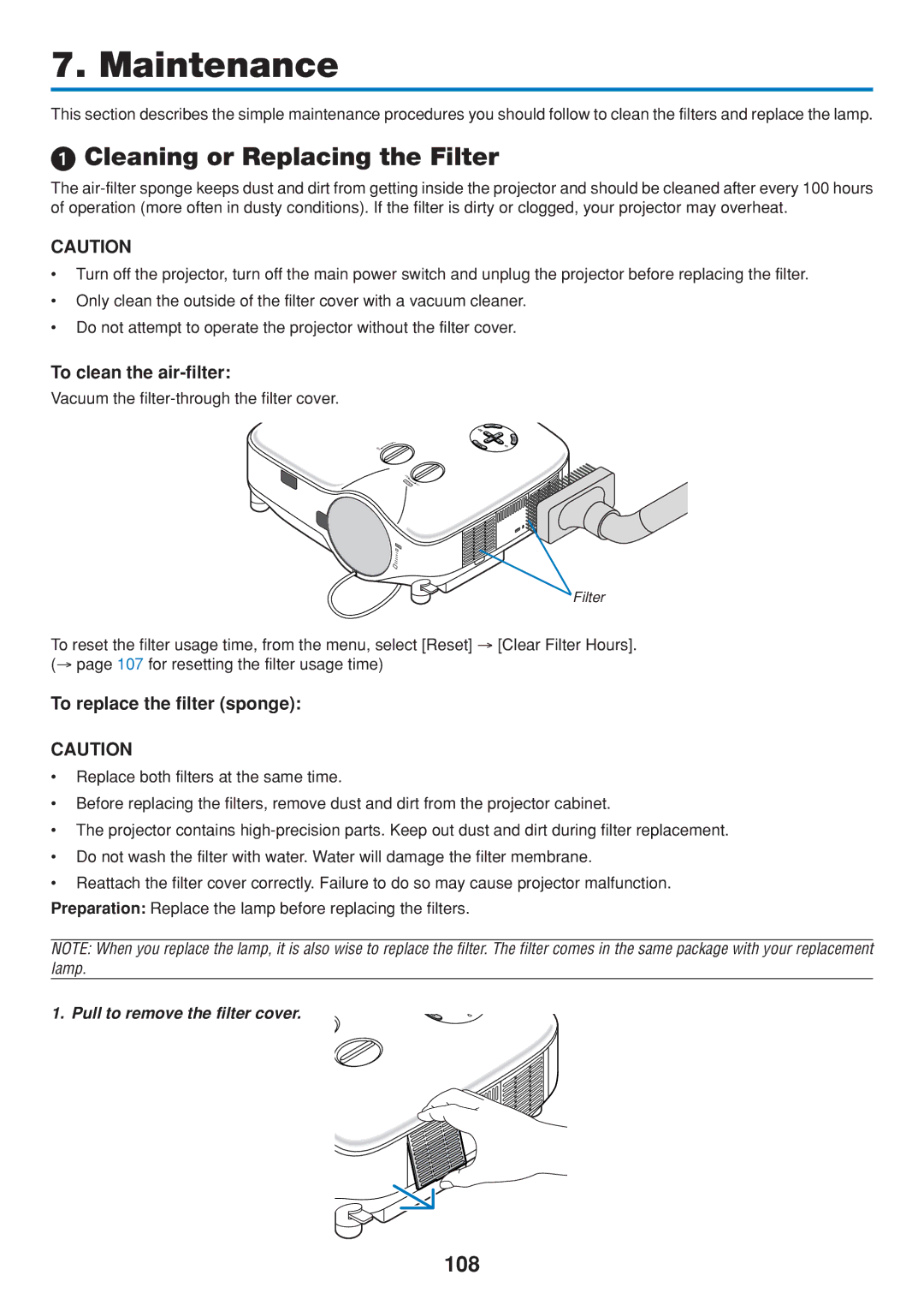 Dukane 8806 user manual Cleaning or Replacing the Filter, 108, To clean the air-filter, To replace the filter sponge 