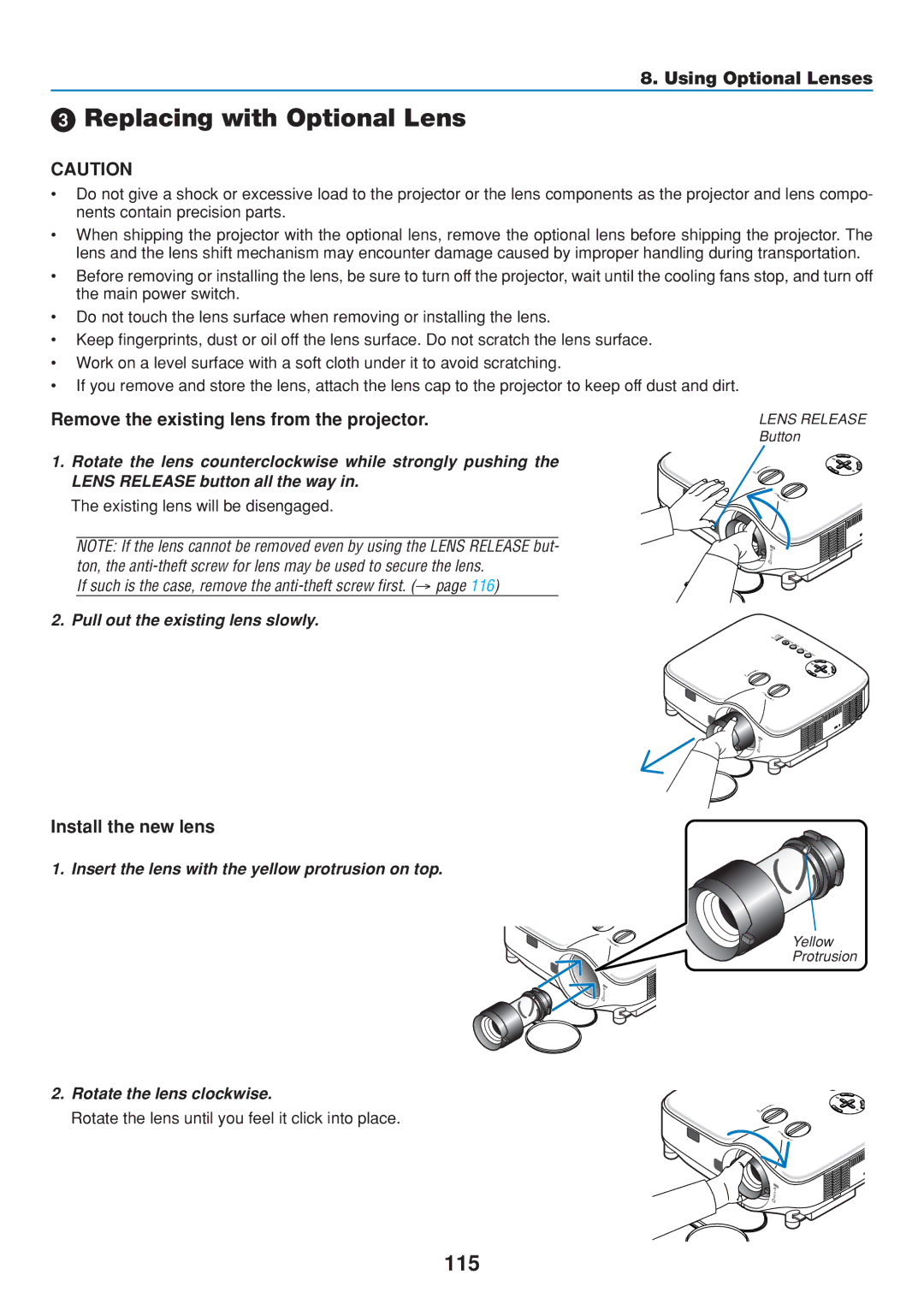 Dukane 8806 Replacing with Optional Lens, 115, Remove the existing lens from the projector, Install the new lens 