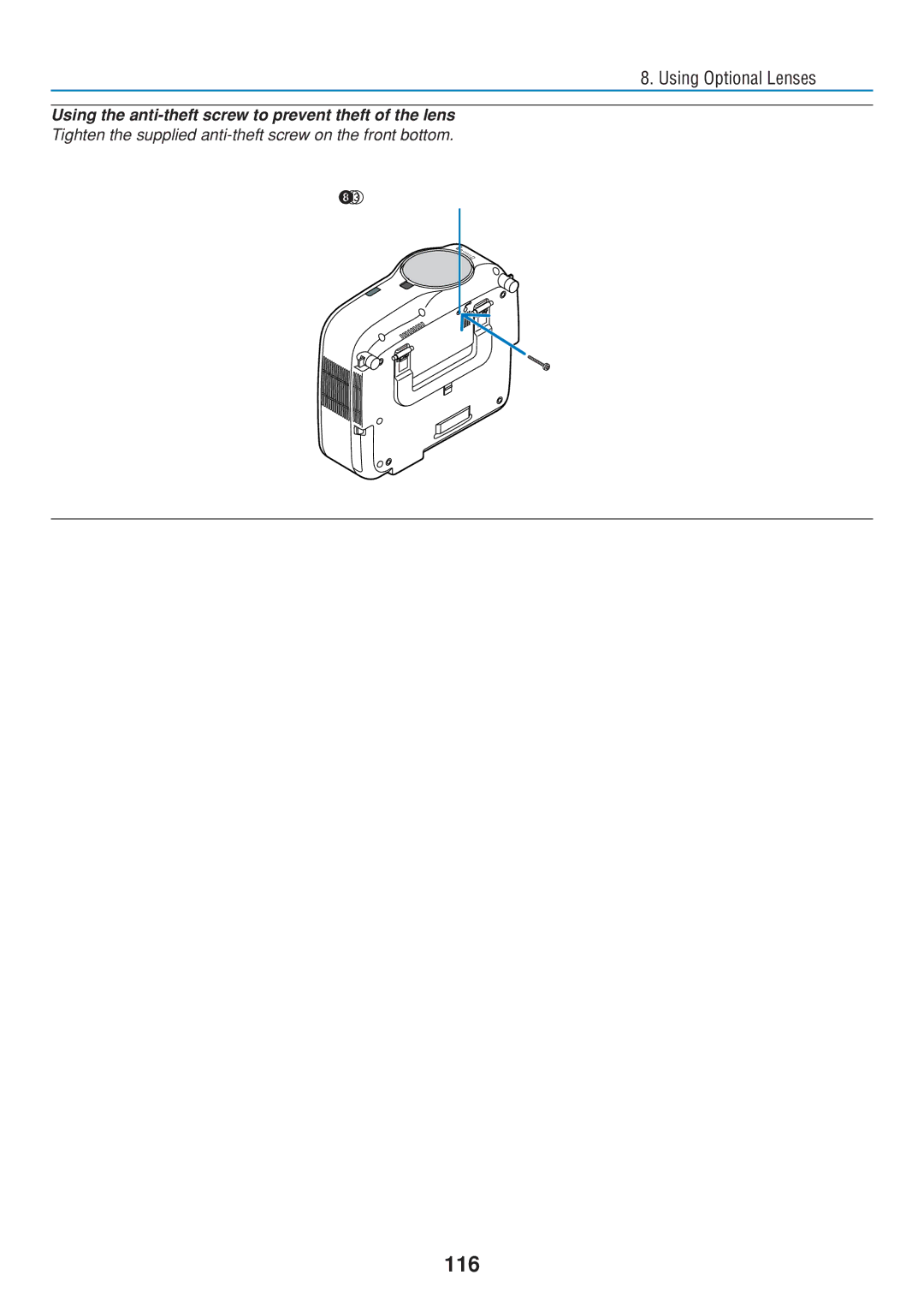 Dukane 8806 user manual 116, Using the anti-theft screw to prevent theft of the lens 