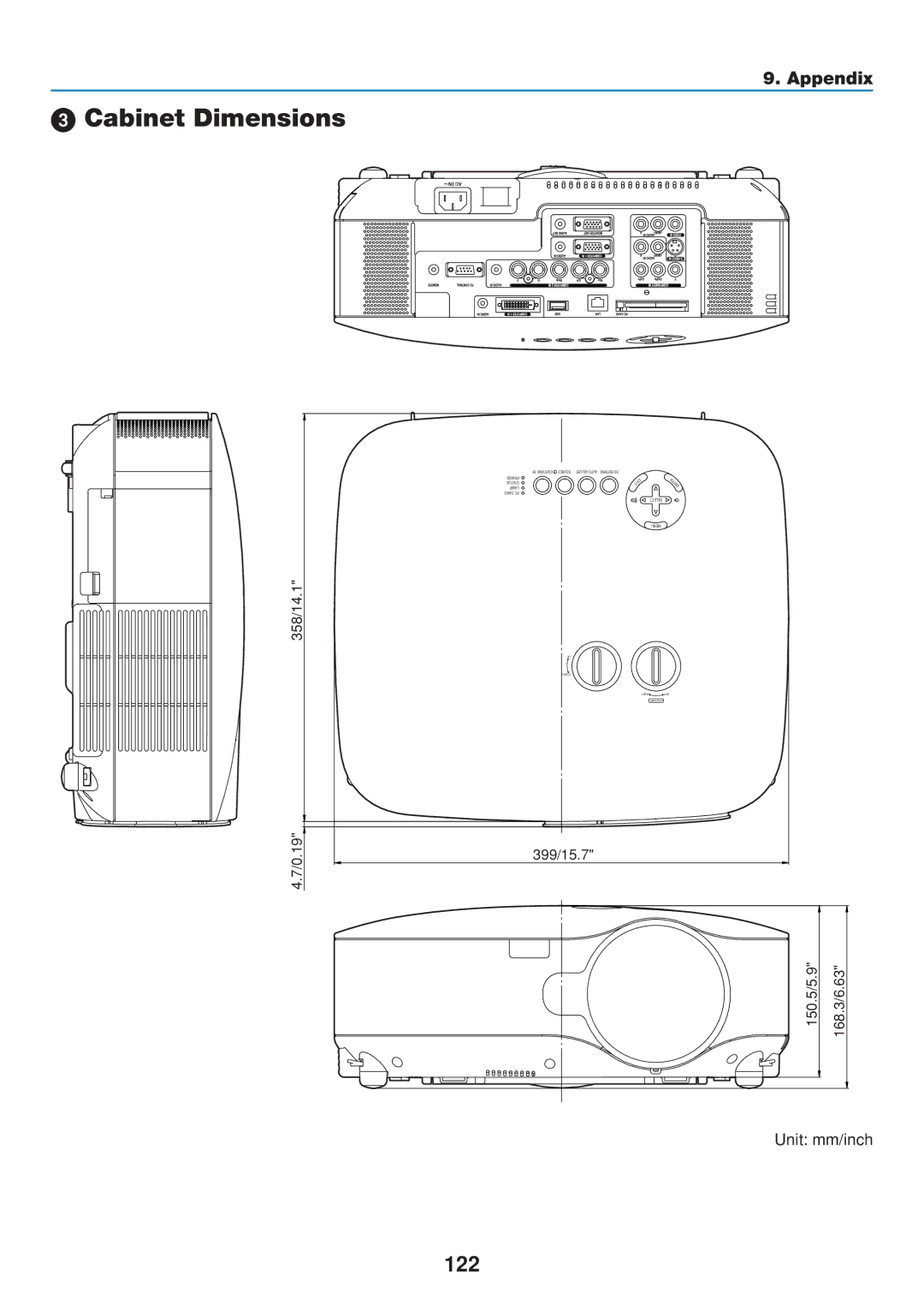 Dukane 8806 user manual Cabinet Dimensions, 122, Unit mm/inch, 358/14.1 0.19, 399/15.7 150.5/5.9 168.3/6.63 