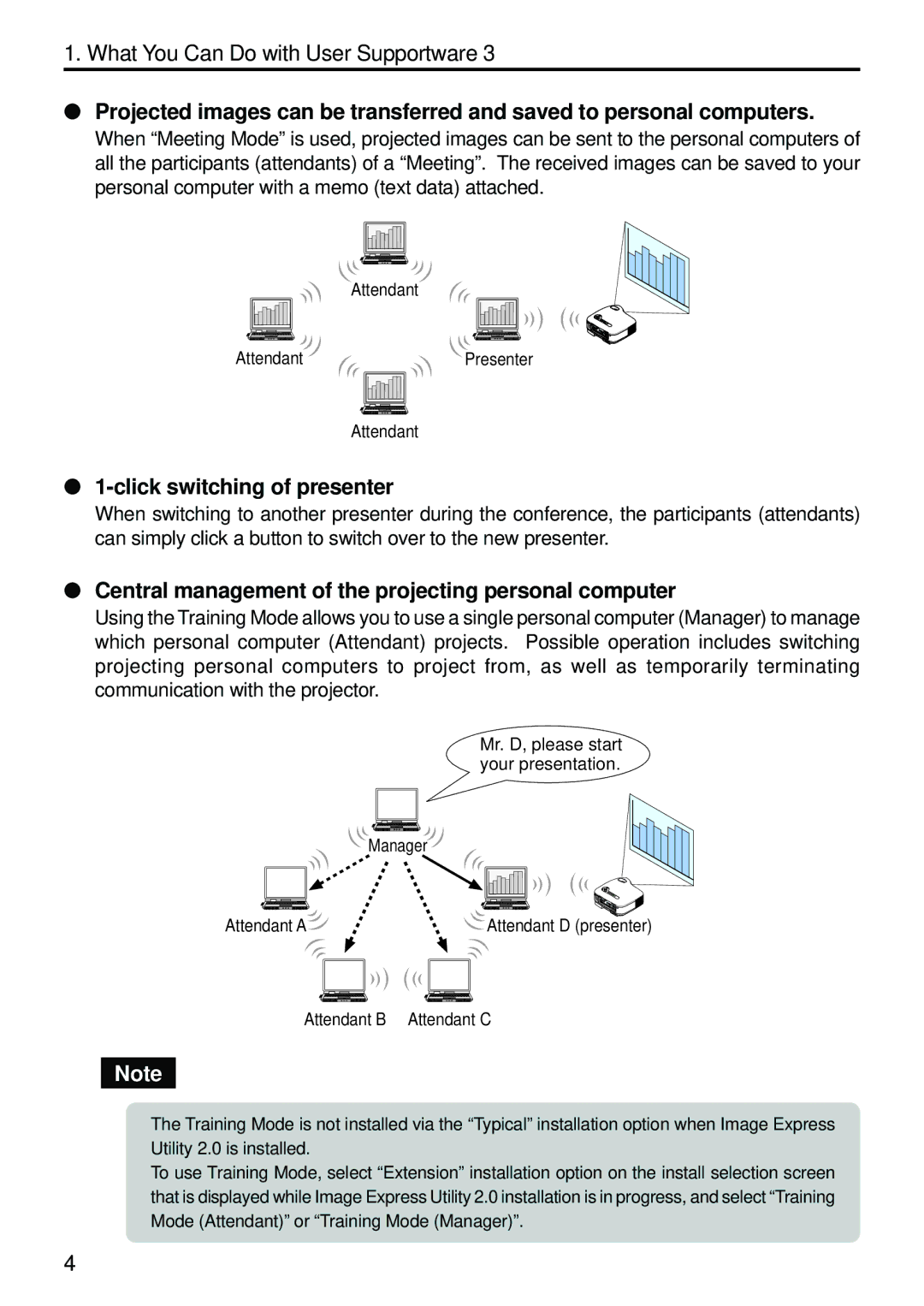 Dukane 8806 user manual Click switching of presenter, Central management of the projecting personal computer 