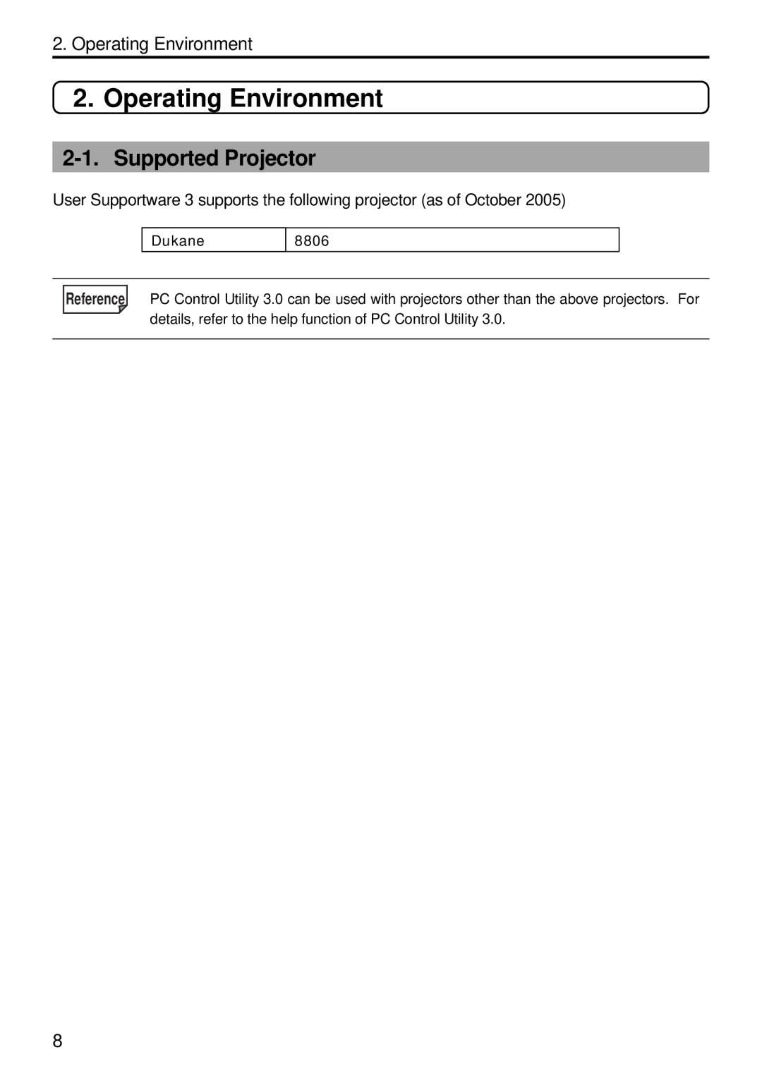 Dukane 8806 user manual Operating Environment, Supported Projector 