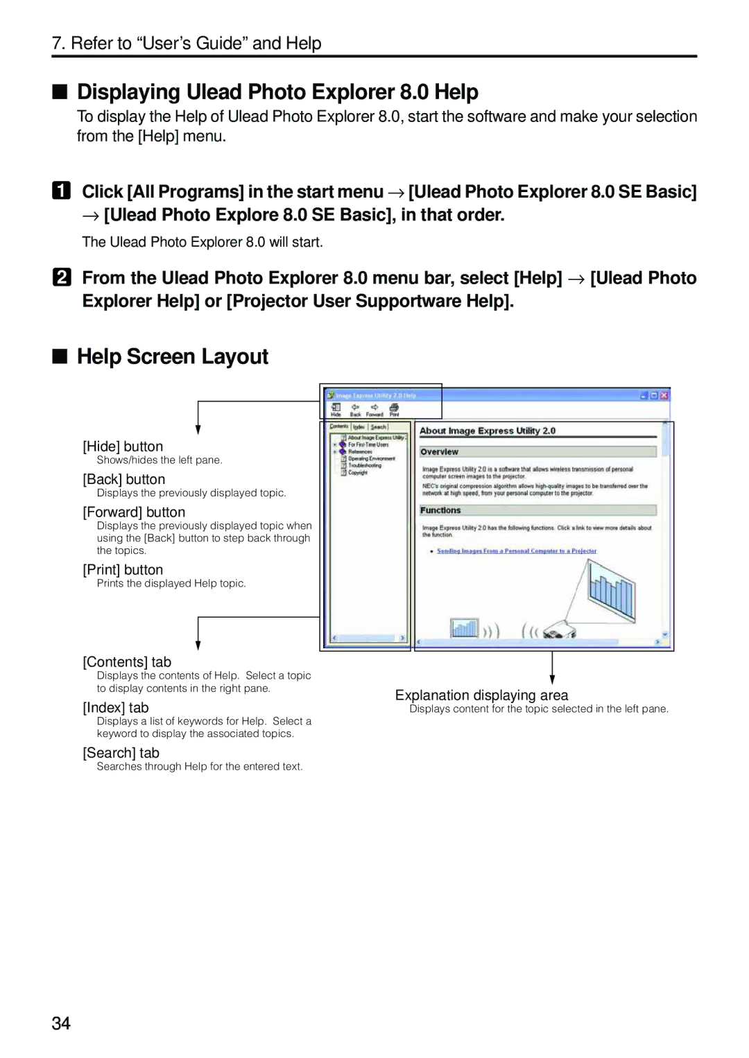 Dukane 8806 user manual Displaying Ulead Photo Explorer 8.0 Help, Help Screen Layout 