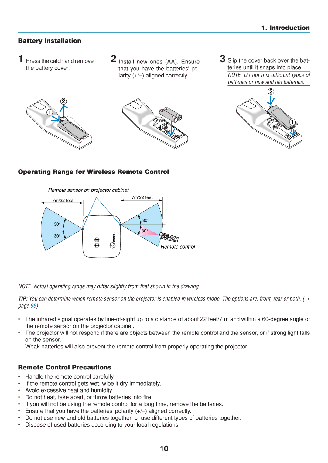 Dukane 8806 user manual Introduction Battery Installation, Operating Range for Wireless Remote Control 