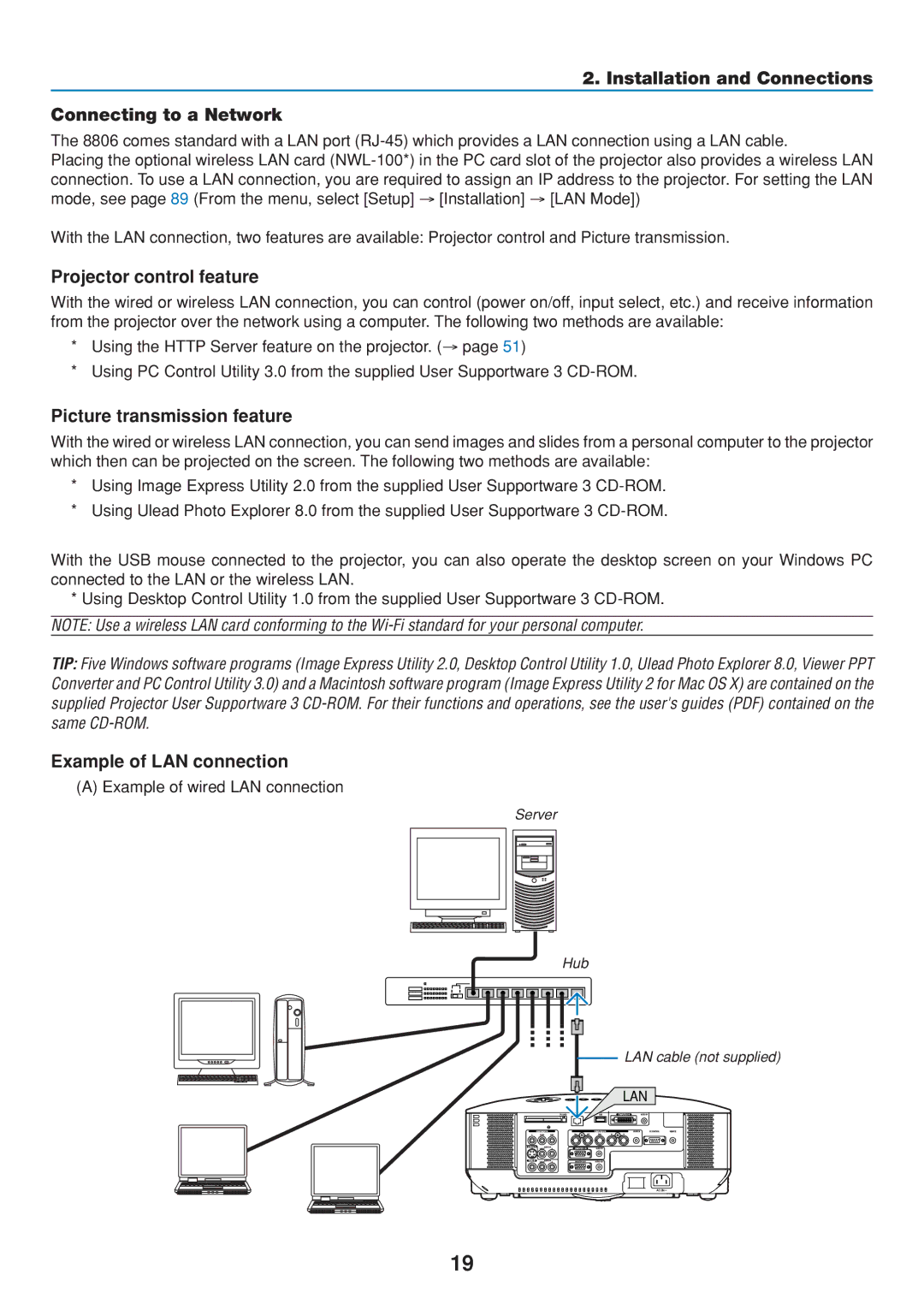 Dukane 8806 Installation and Connections Connecting to a Network, Projector control feature, Picture transmission feature 