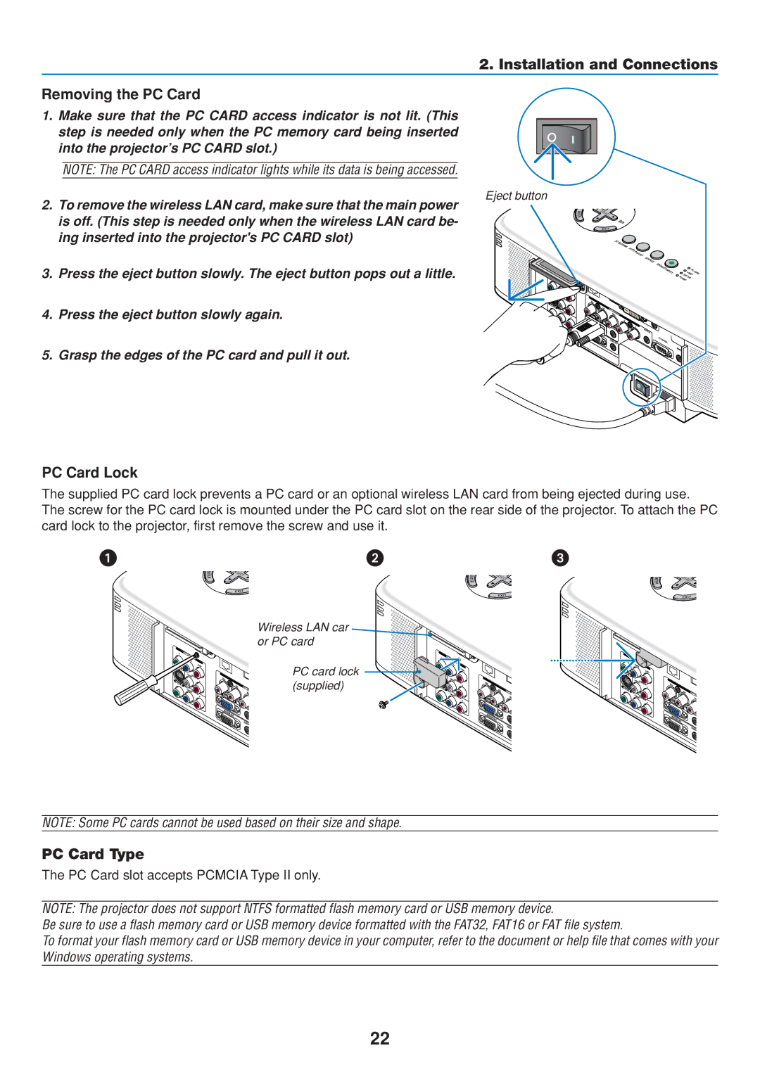 Dukane 8806 user manual Installation and Connections Removing the PC Card, PC Card Lock, PC Card Type 