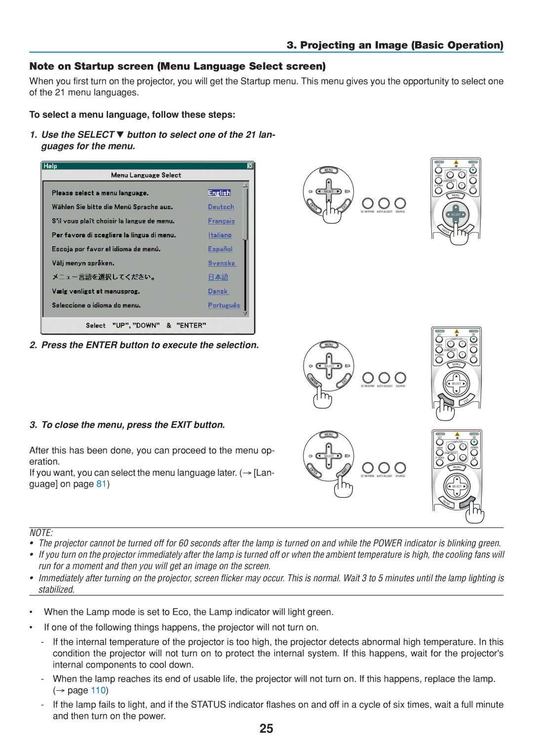 Dukane 8806 user manual Projecting an Image Basic Operation, To select a menu language, follow these steps 