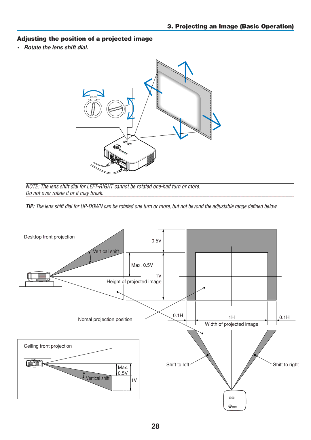 Dukane 8806 user manual Rotate the lens shift dial, Vertical shift Width of projected image Shift to right 