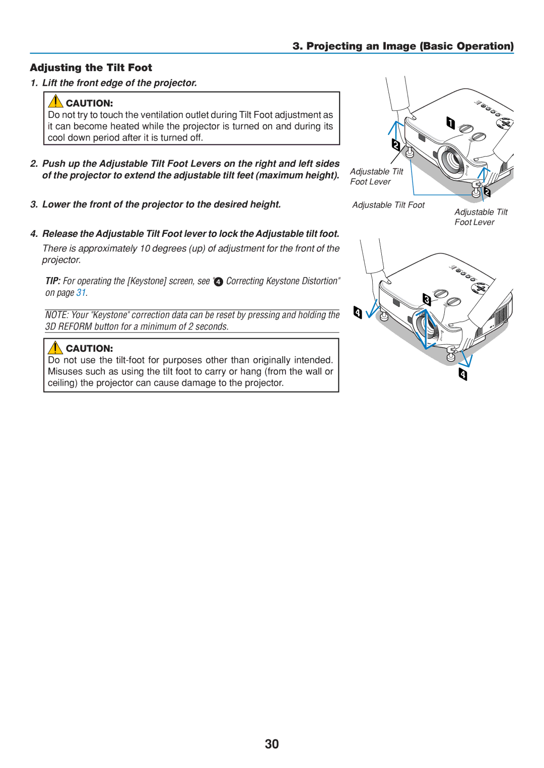 Dukane 8806 user manual Projecting an Image Basic Operation Adjusting the Tilt Foot, Lift the front edge of the projector 