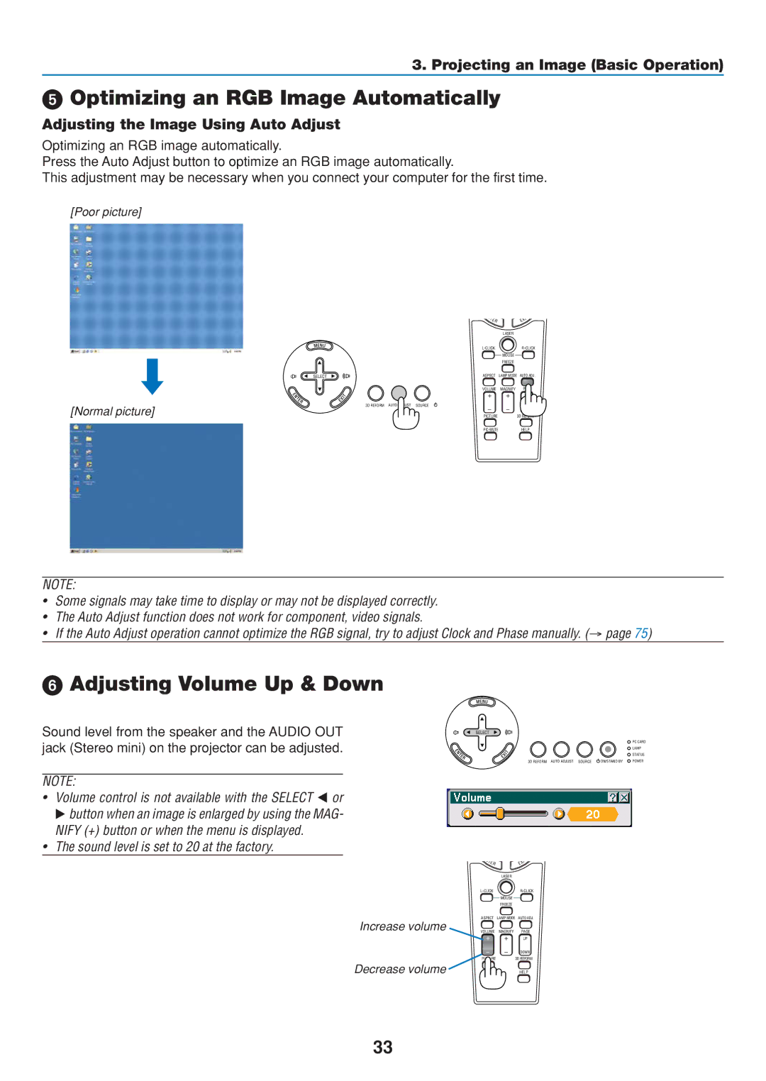 Dukane 8806 Optimizing an RGB Image Automatically, Adjusting Volume Up & Down, Adjusting the Image Using Auto Adjust 