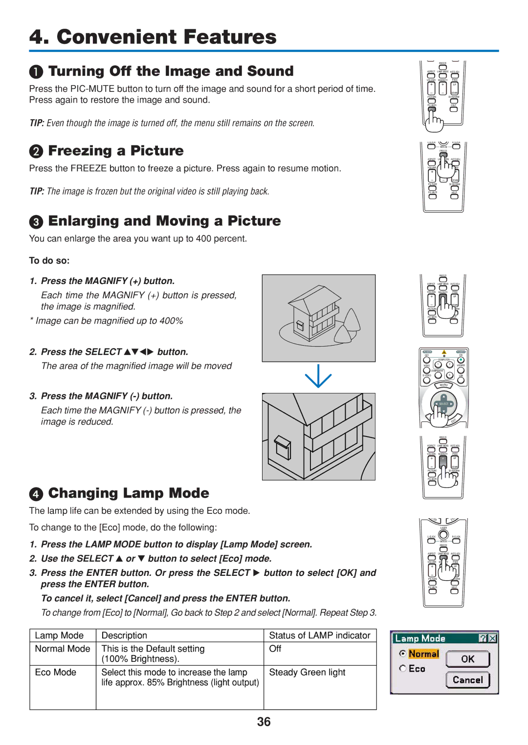 Dukane 8806 Turning Off the Image and Sound, Freezing a Picture, Enlarging and Moving a Picture, Changing Lamp Mode 