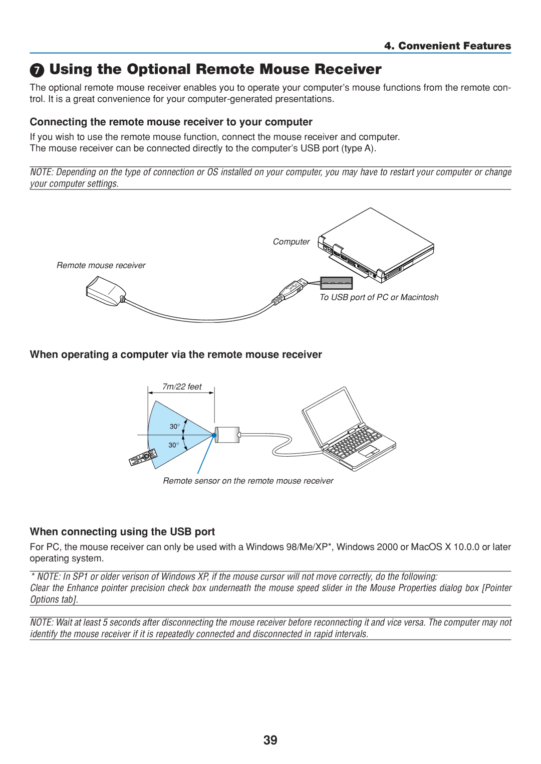 Dukane 8806 user manual Using the Optional Remote Mouse Receiver, Connecting the remote mouse receiver to your computer 