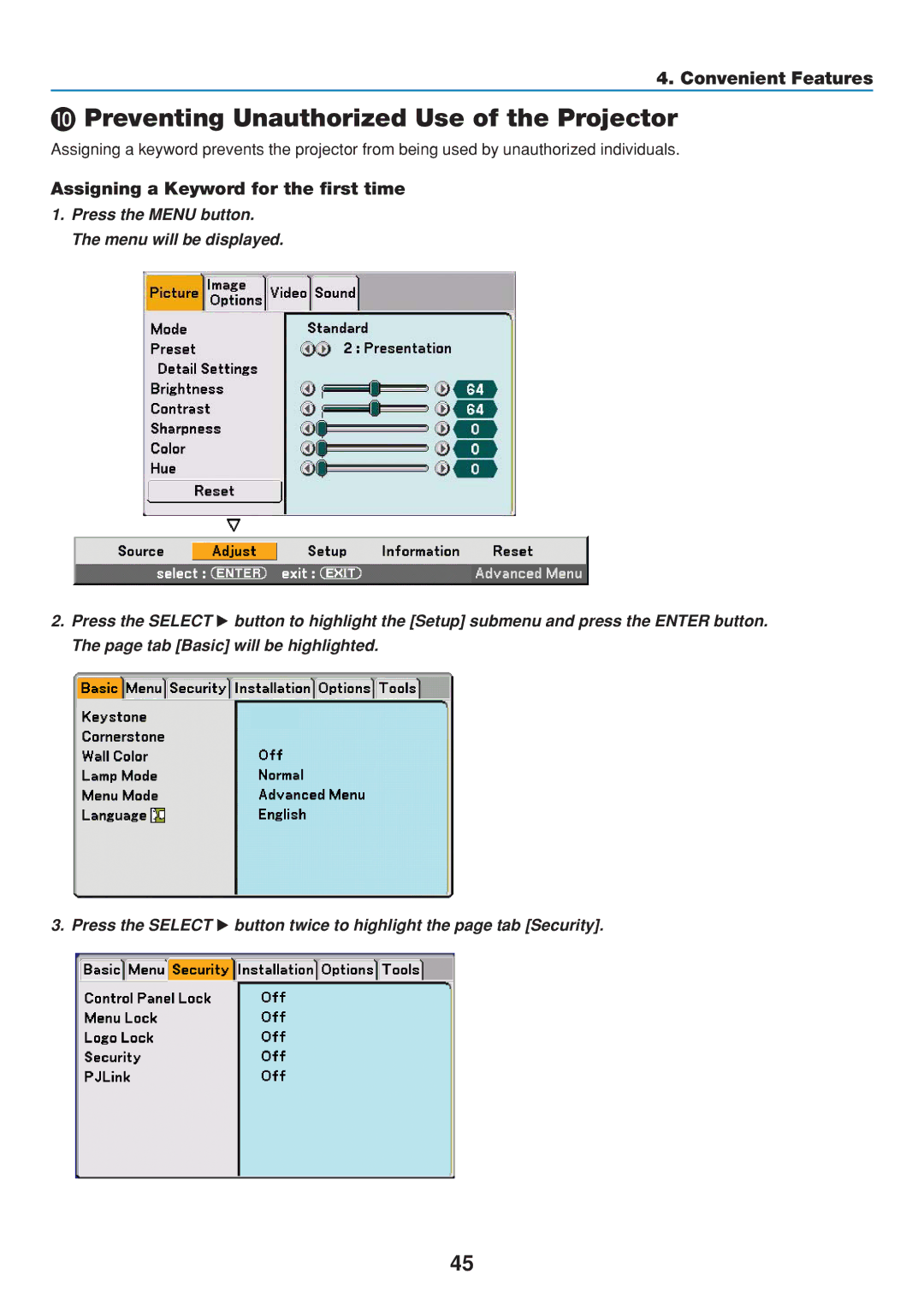 Dukane 8806 user manual Preventing Unauthorized Use of the Projector, Assigning a Keyword for the first time 