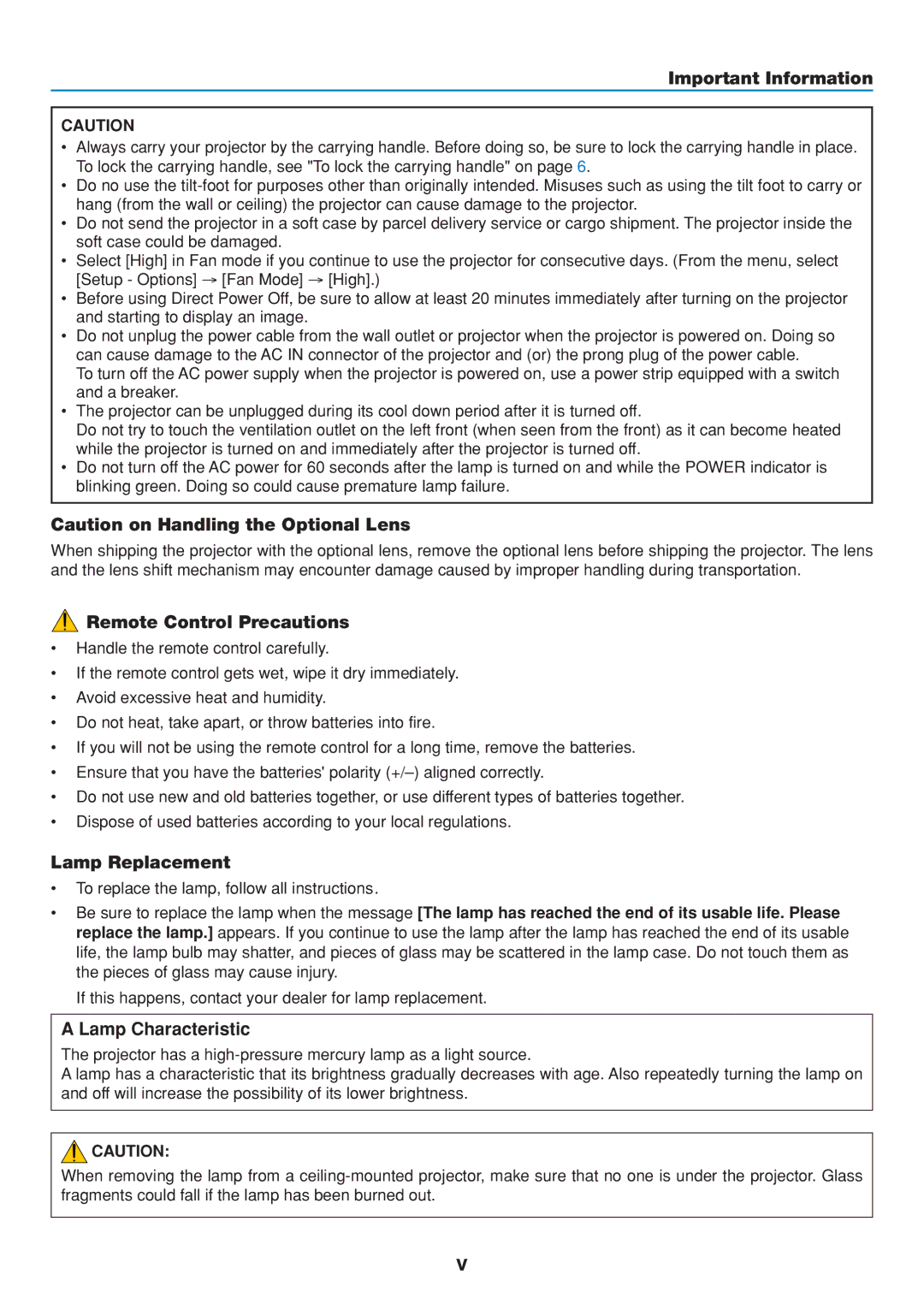 Dukane 8806 user manual Important Information, Remote Control Precautions, Lamp Replacement, Lamp Characteristic 