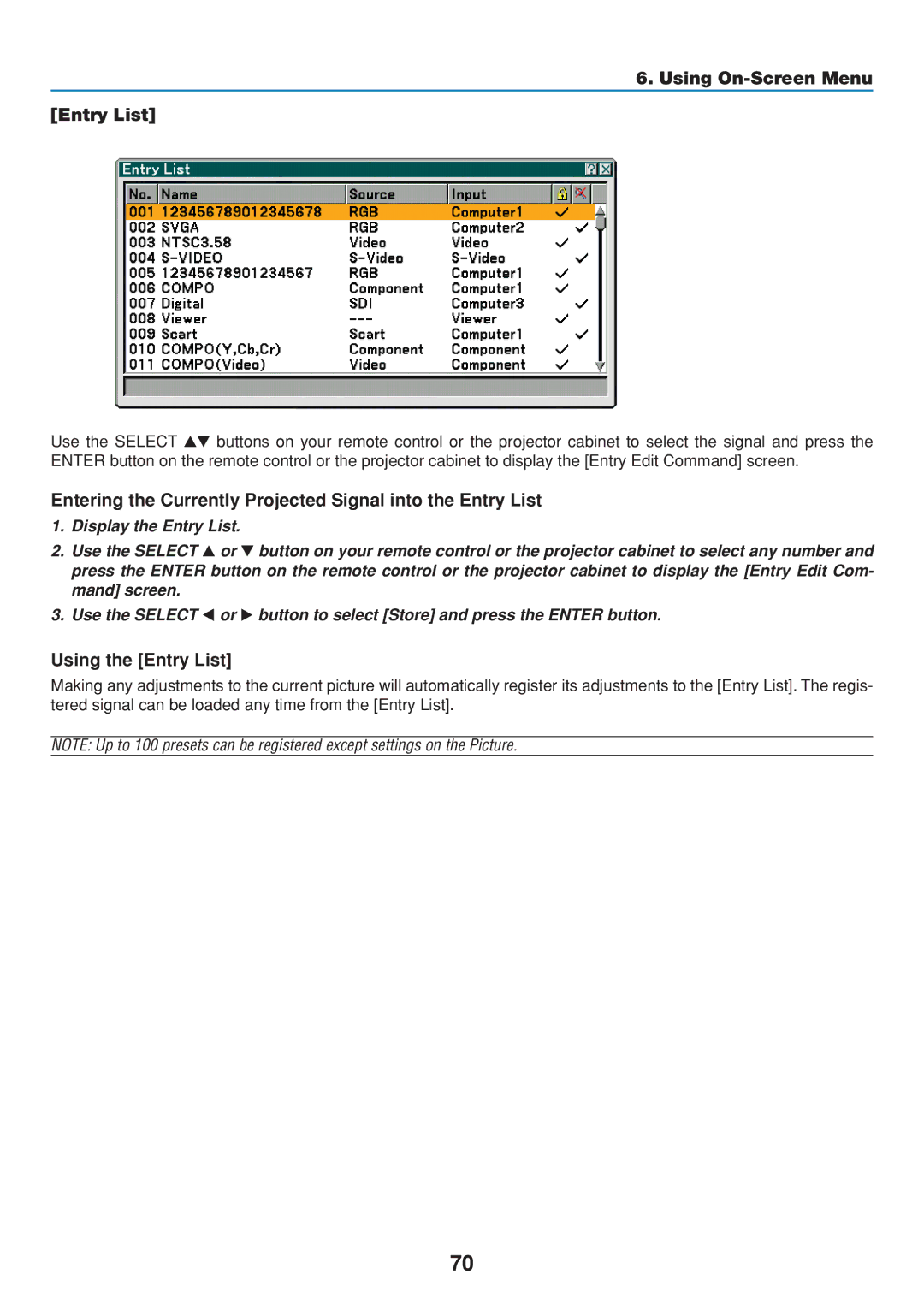 Dukane 8806 user manual Using On-Screen Menu Entry List, Entering the Currently Projected Signal into the Entry List 