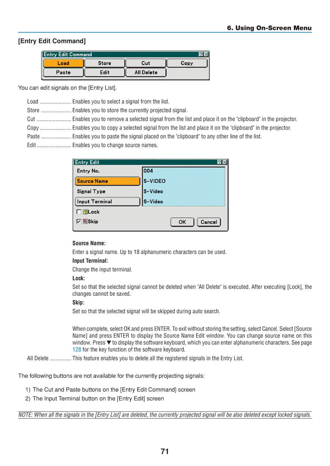 Dukane 8806 user manual Using On-Screen Menu Entry Edit Command, Source Name, Input Terminal, Lock, Skip 