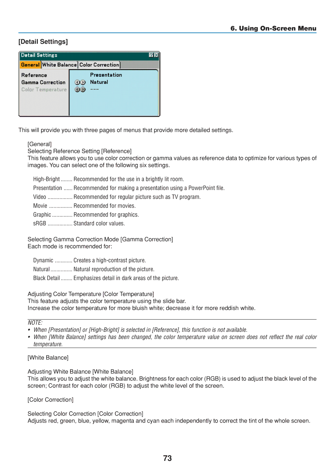 Dukane 8806 user manual Using On-Screen Menu Detail Settings 