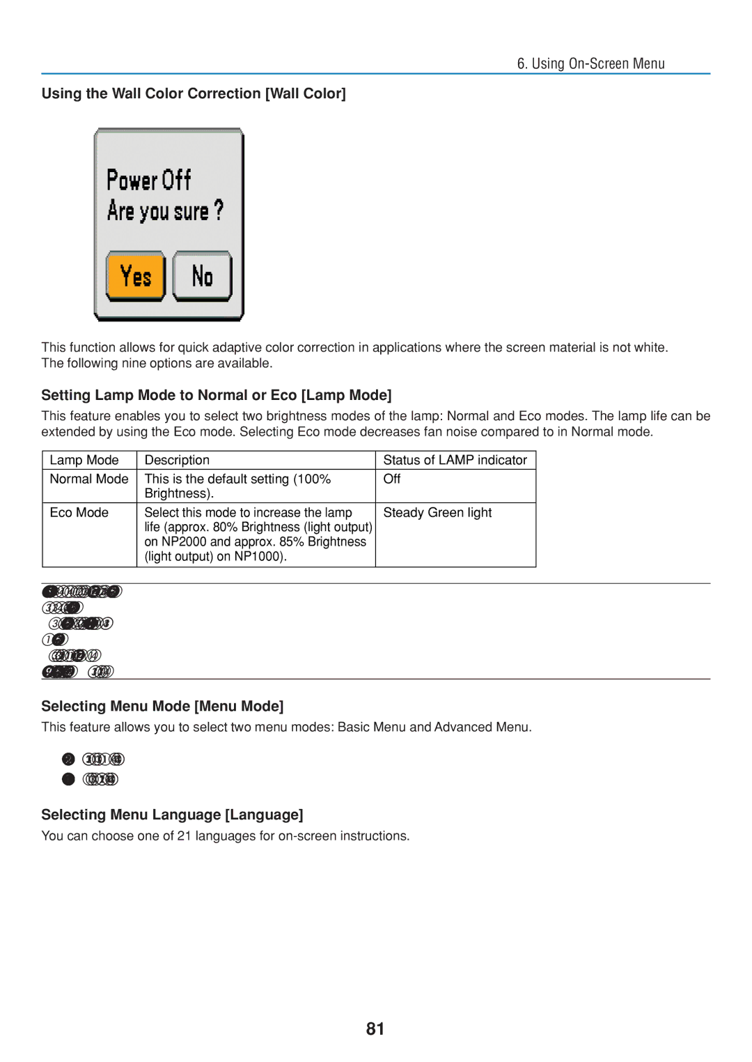 Dukane 8806 Setting Lamp Mode to Normal or Eco Lamp Mode, Selecting Menu Mode Menu Mode, Selecting Menu Language Language 