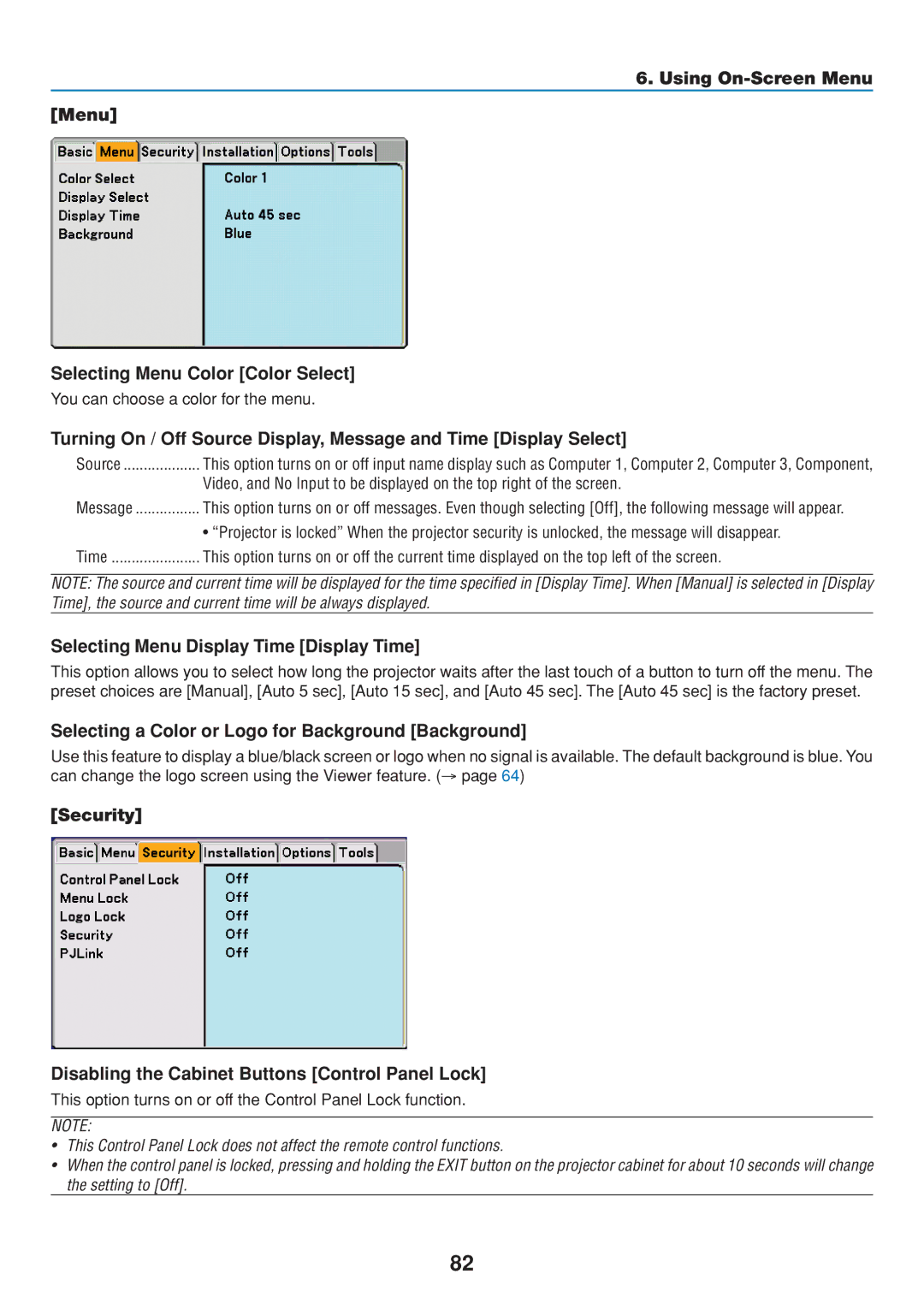 Dukane 8806 user manual Using On-Screen Menu Selecting Menu Color Color Select, Selecting Menu Display Time Display Time 