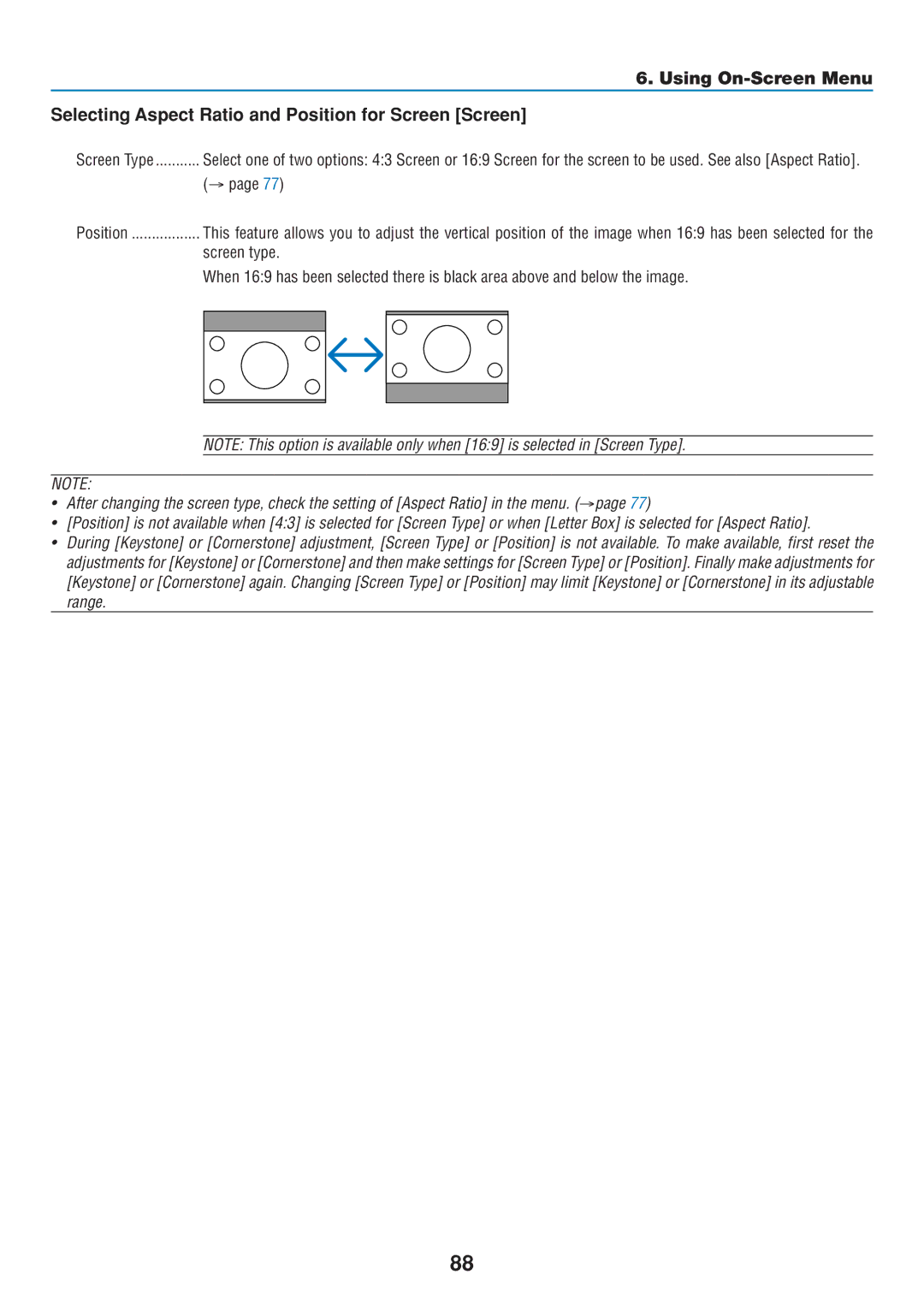 Dukane 8806 user manual Selecting Aspect Ratio and Position for Screen Screen, Screen type 