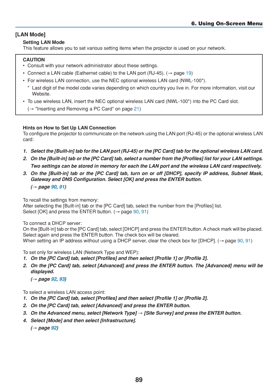 Dukane 8806 user manual Using On-Screen Menu LAN Mode, Setting LAN Mode, Hints on How to Set Up LAN Connection 