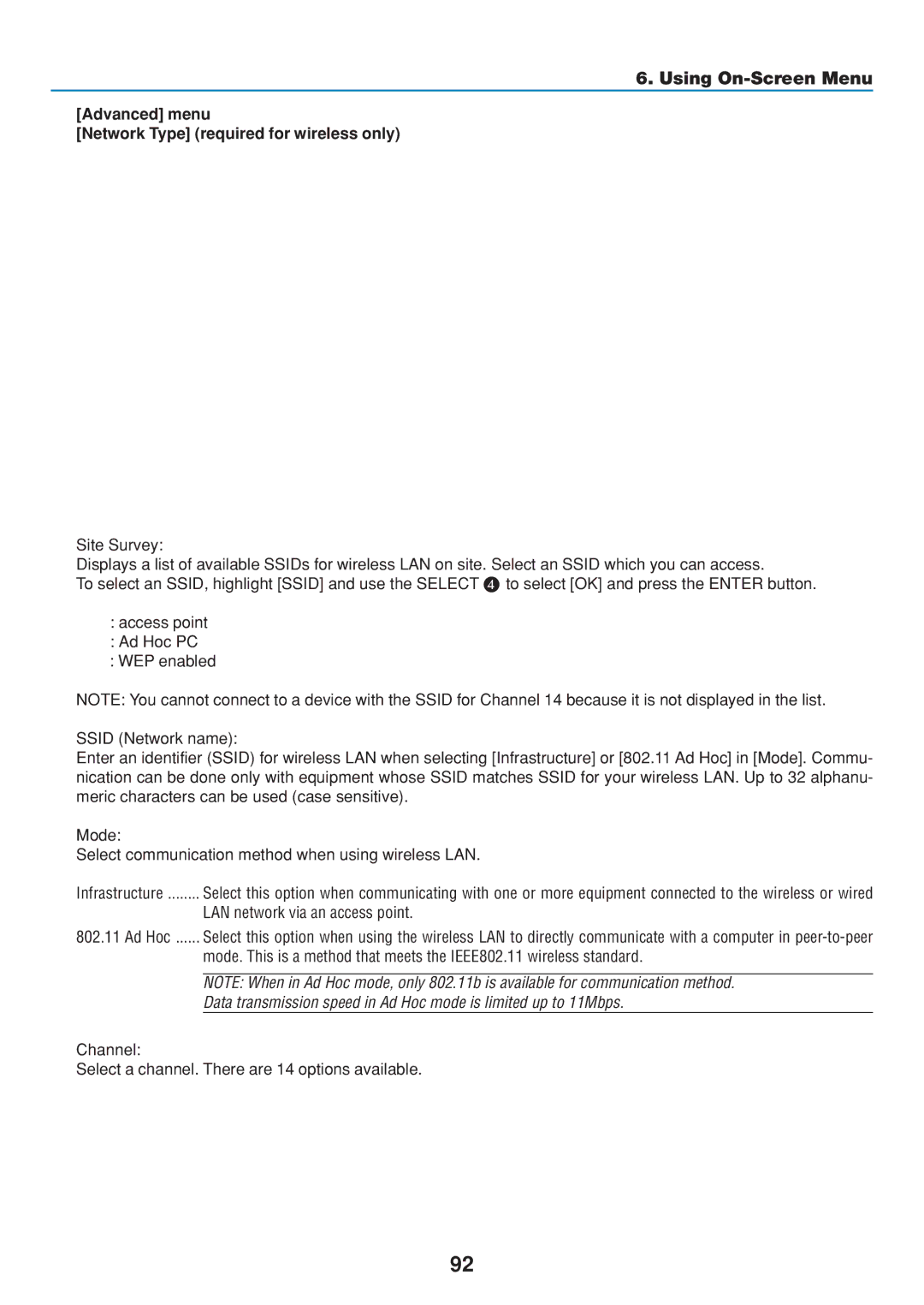 Dukane 8808 user manual Advanced menu Network Type required for wireless only, LAN network via an access point 