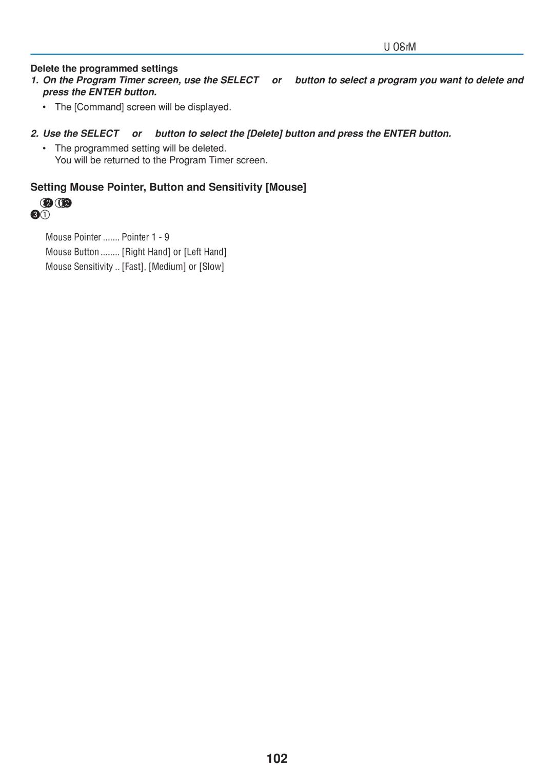 Dukane 8808 user manual 102, Setting Mouse Pointer, Button and Sensitivity Mouse, Delete the programmed settings, Pointer 1 