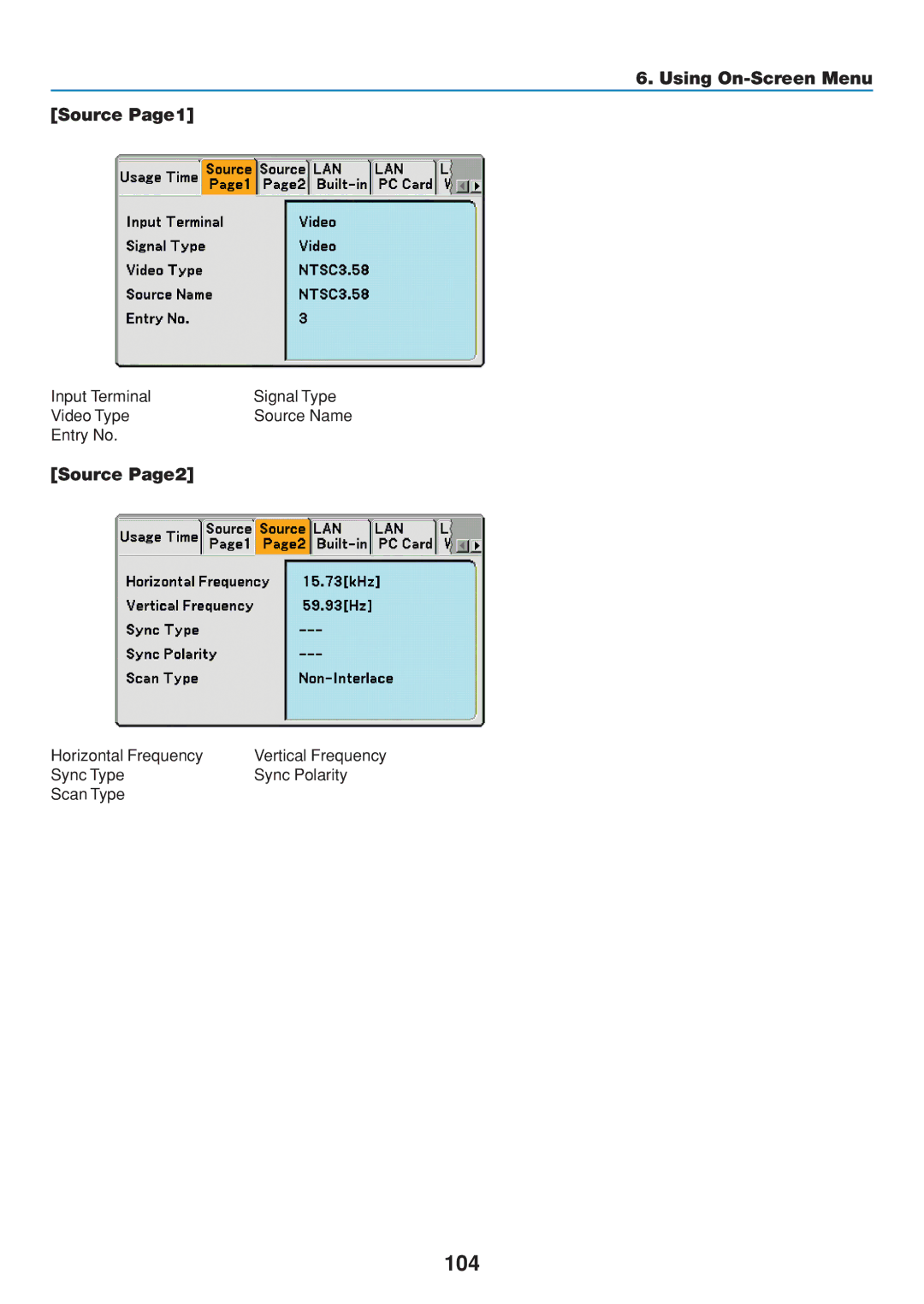 Dukane 8808 user manual 104, Using On-Screen Menu Source Page1, Source Page2 