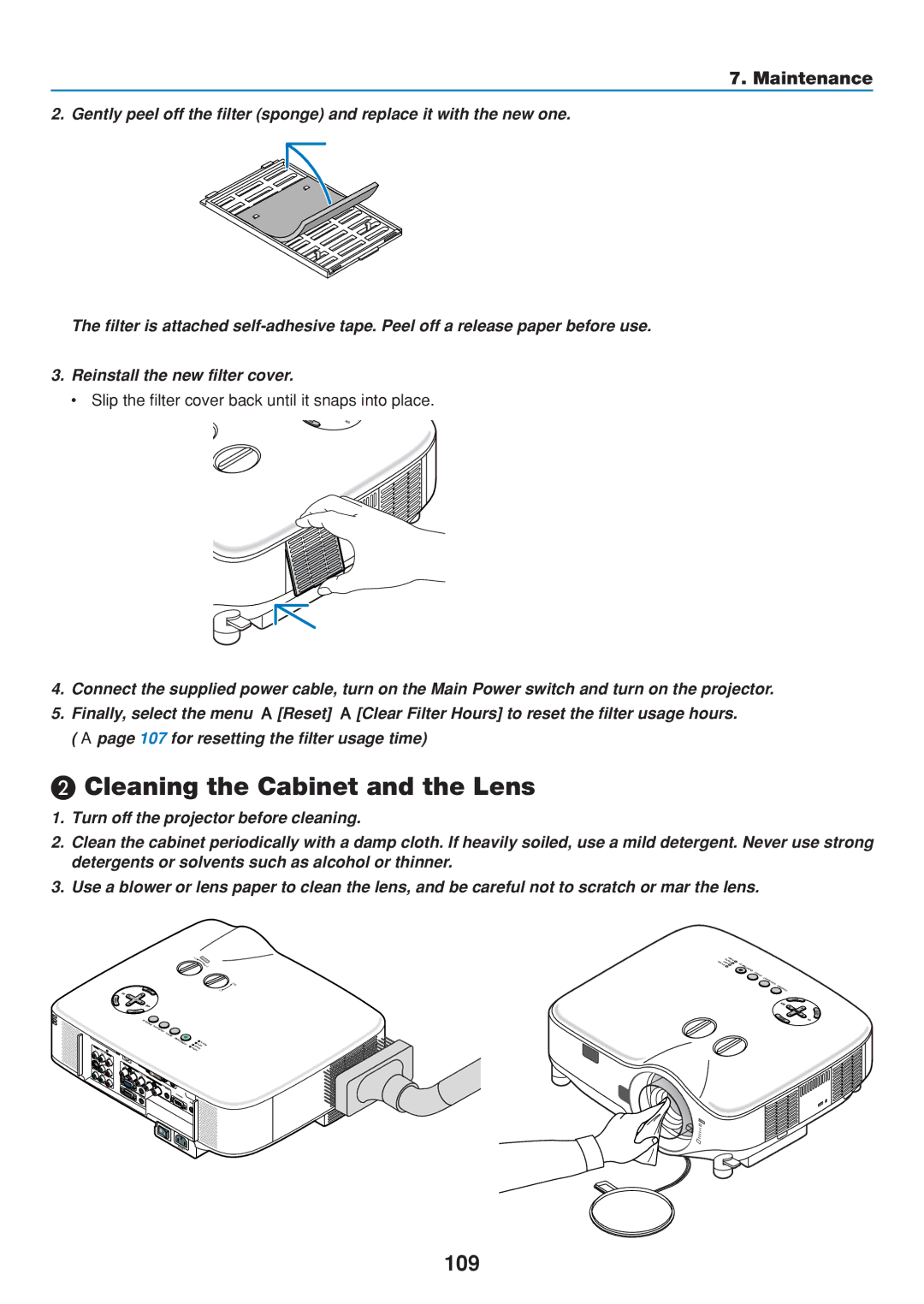 Dukane 8808 Cleaning the Cabinet and the Lens, 109, Maintenance, Slip the filter cover back until it snaps into place 