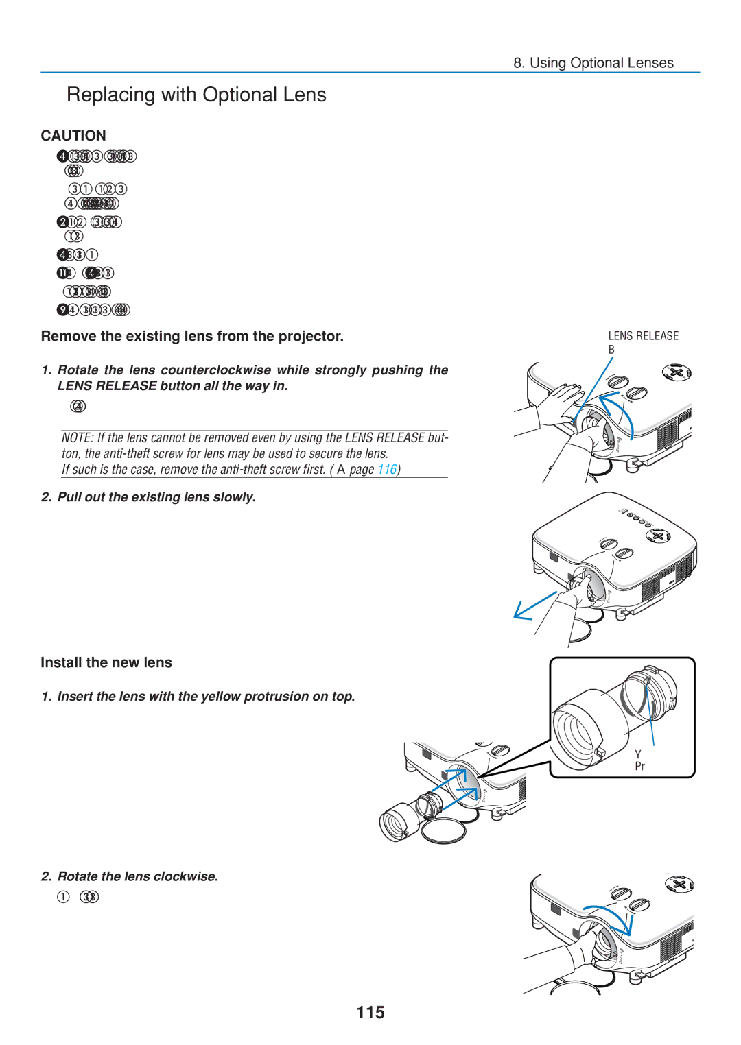 Dukane 8808 Replacing with Optional Lens, 115, Remove the existing lens from the projector, Install the new lens 