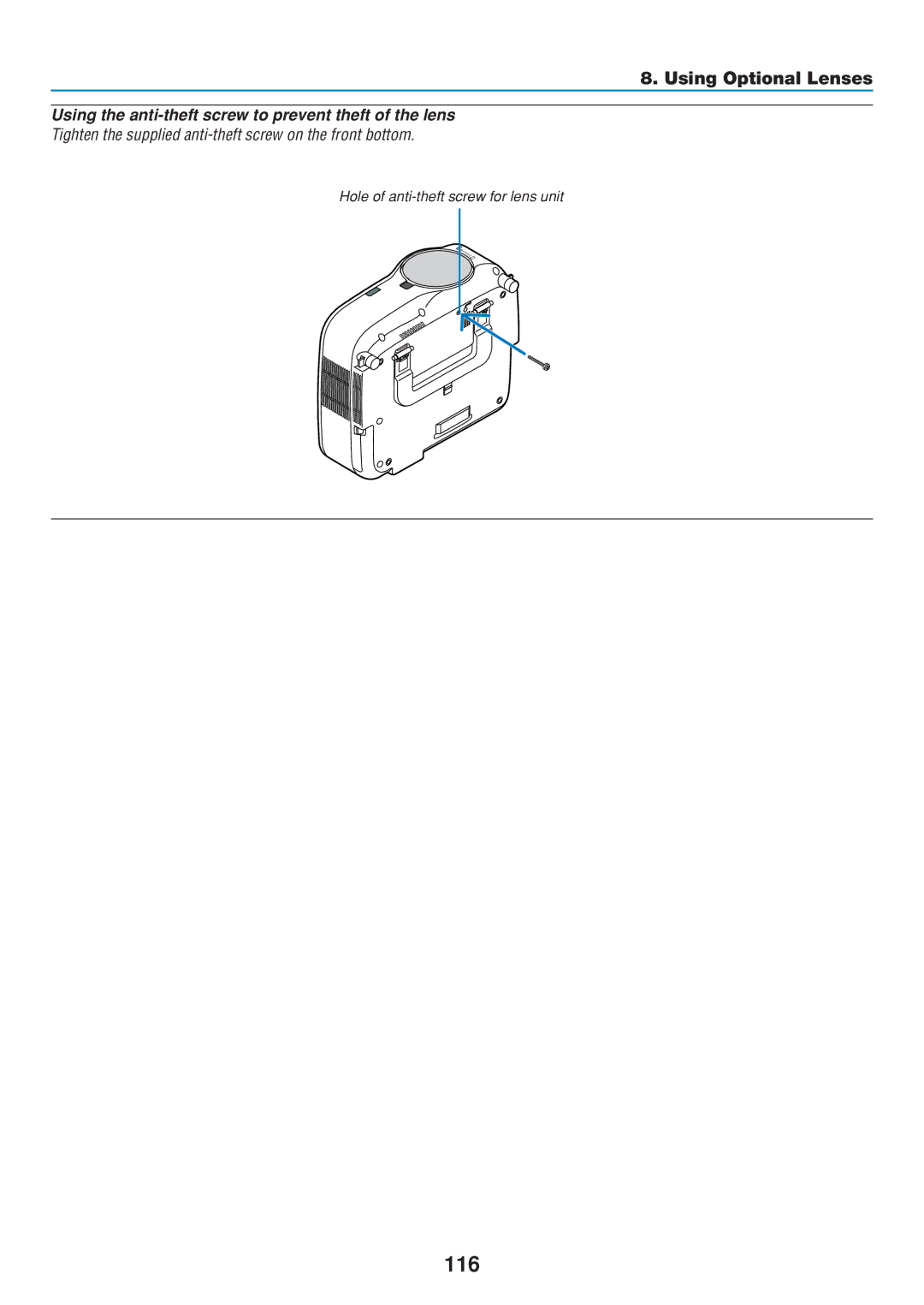 Dukane 8808 user manual 116, Using the anti-theft screw to prevent theft of the lens 