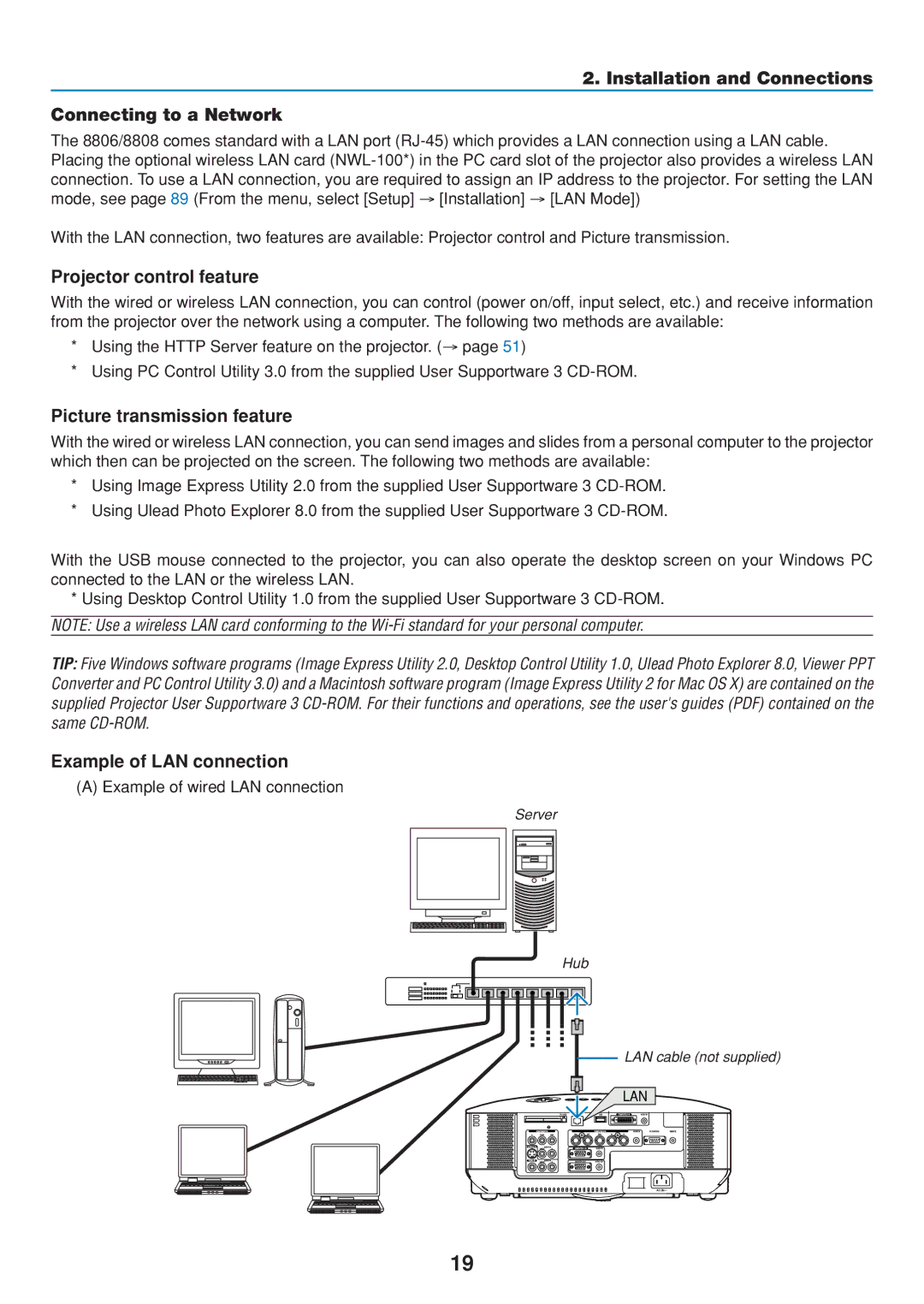 Dukane 8808 Installation and Connections Connecting to a Network, Projector control feature, Picture transmission feature 