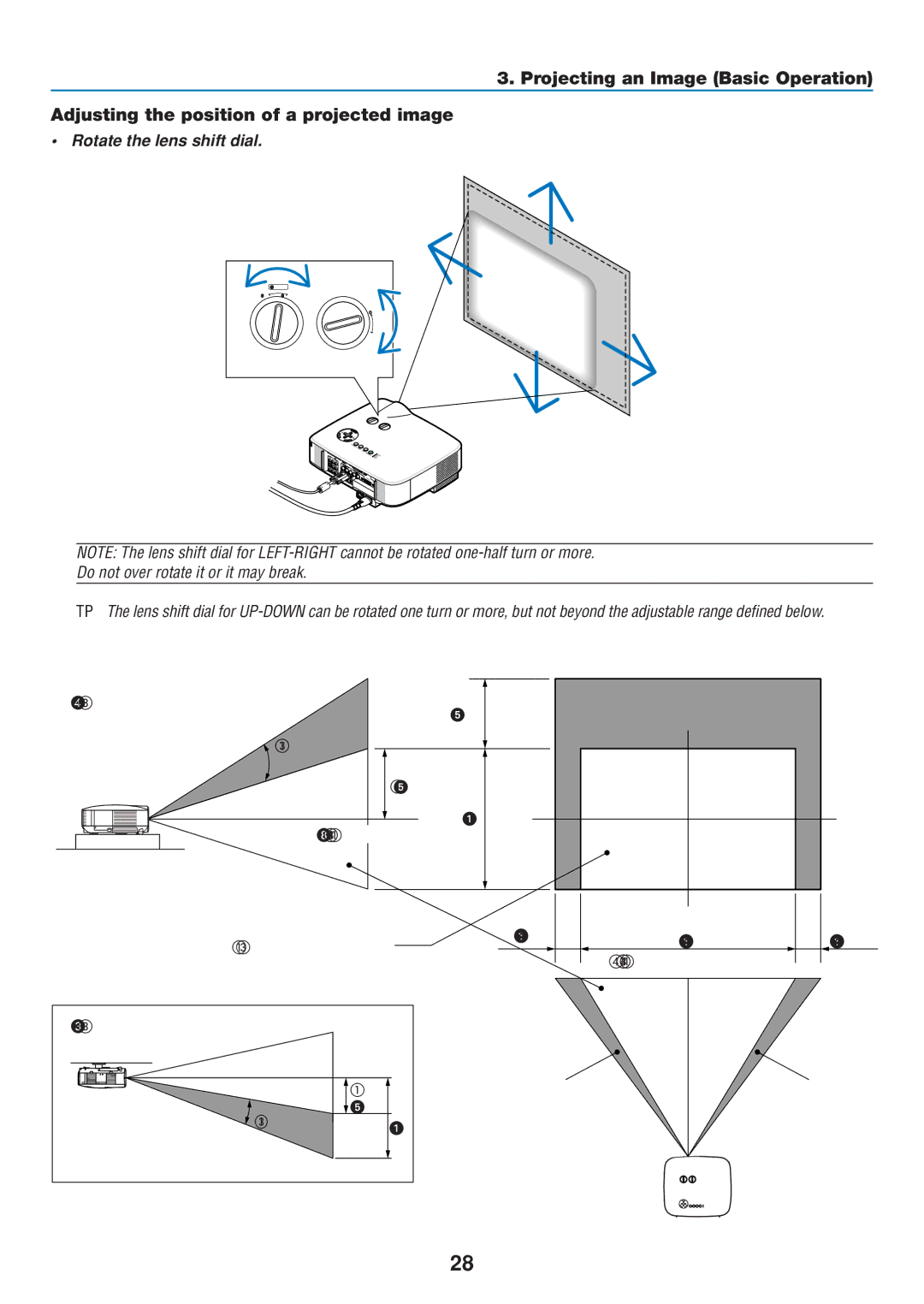 Dukane 8808 user manual Rotate the lens shift dial, Vertical shift Width of projected image Shift to right 