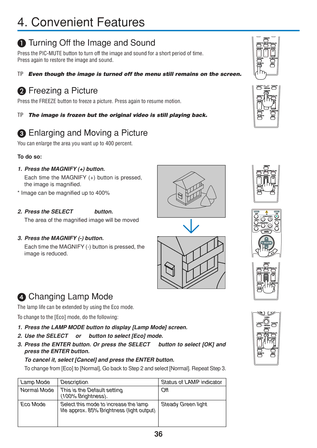 Dukane 8808 Turning Off the Image and Sound, Freezing a Picture, Enlarging and Moving a Picture, Changing Lamp Mode 