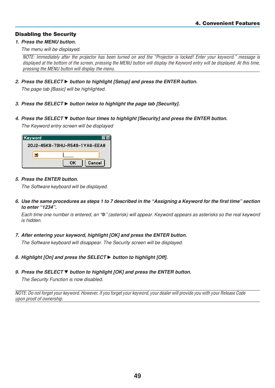 Dukane 8808 user manual Convenient Features Disabling the Security 