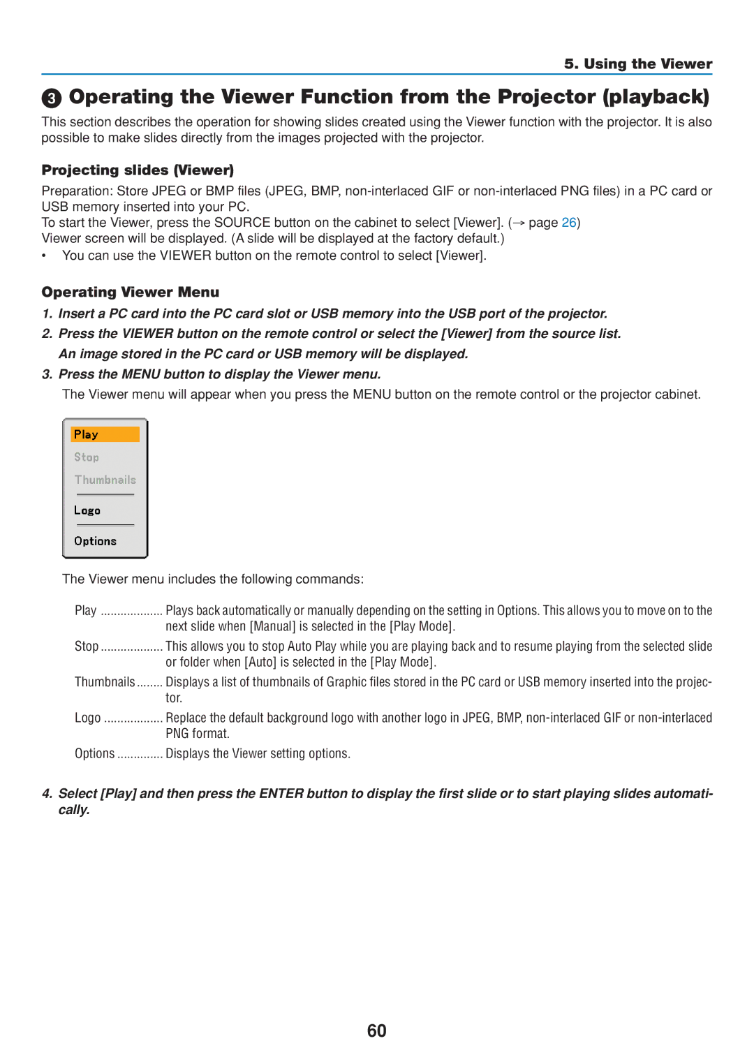 Dukane 8808 Operating the Viewer Function from the Projector playback, Projecting slides Viewer, Operating Viewer Menu 