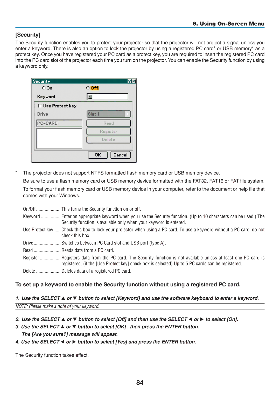 Dukane 8808 user manual Using On-Screen Menu Security 