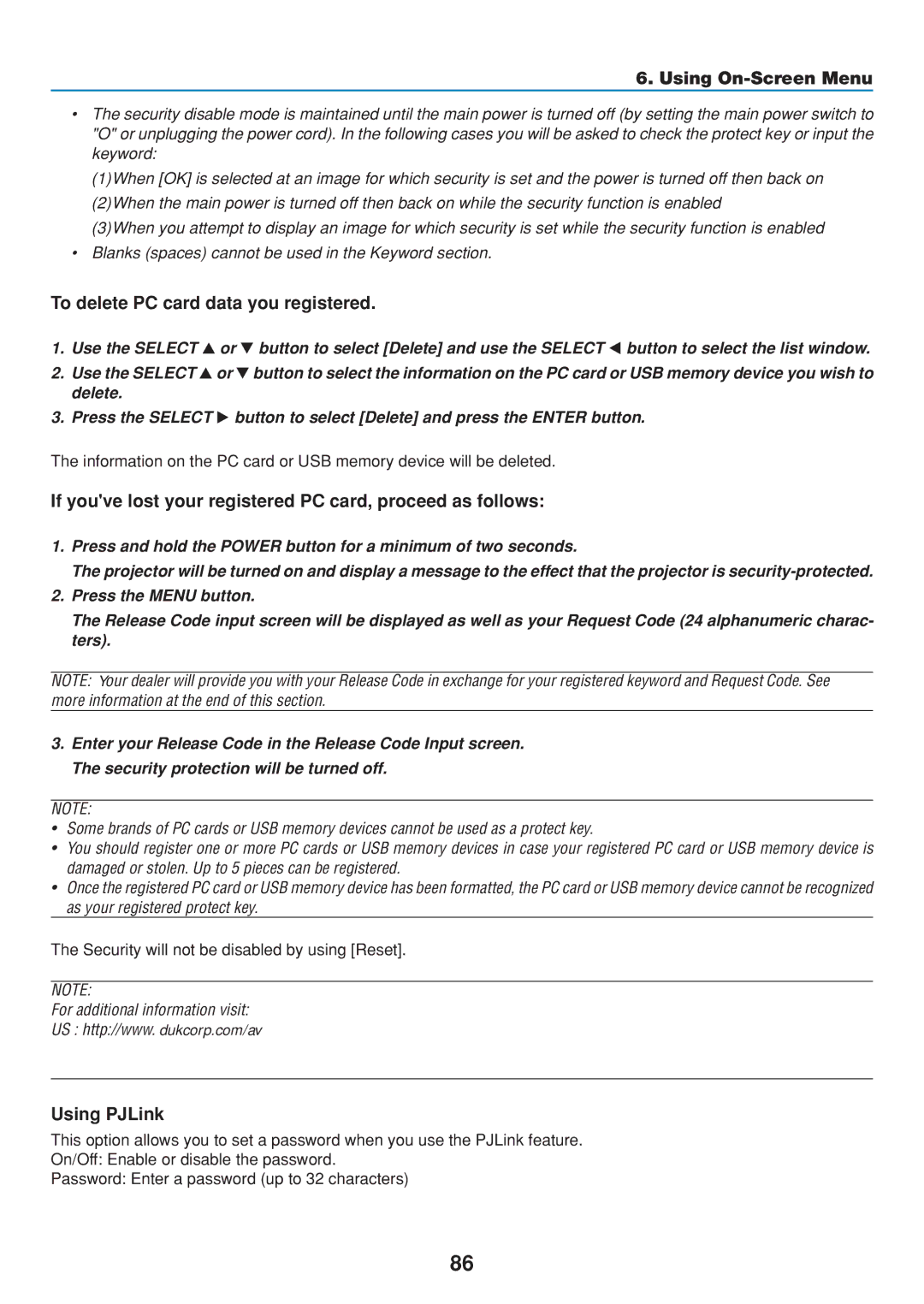 Dukane 8808 To delete PC card data you registered, If youve lost your registered PC card, proceed as follows, Using PJLink 