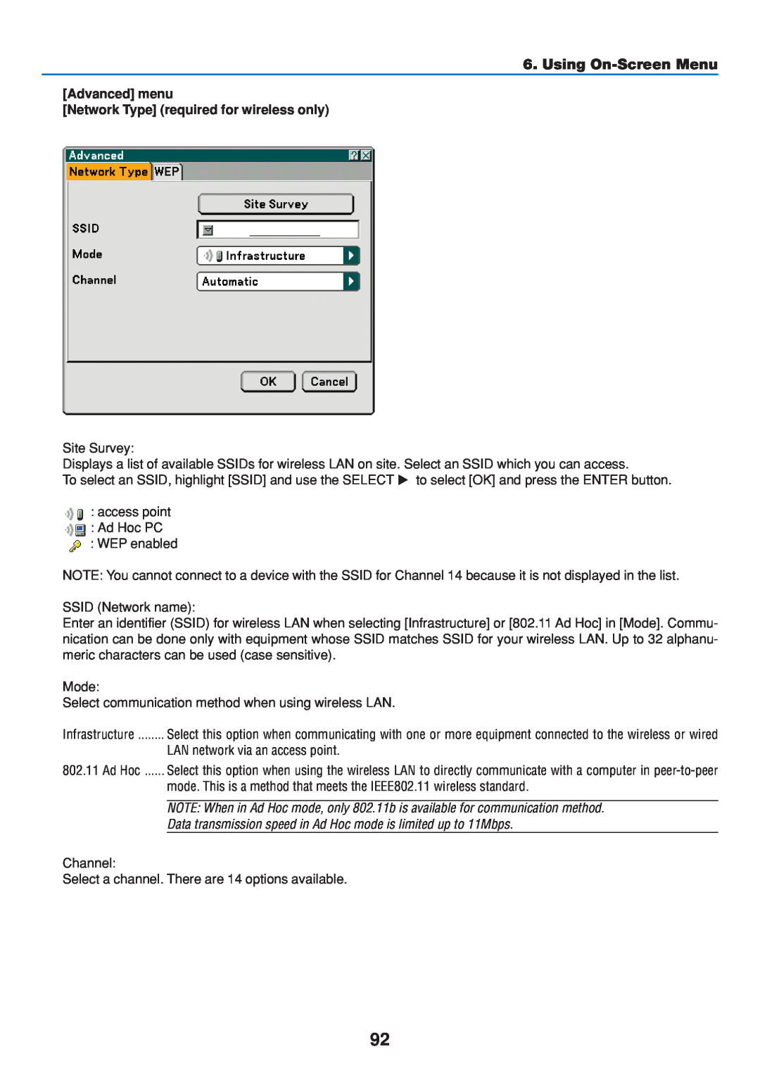 Dukane 8808 user manual Using On-Screen Menu, Advanced menu Network Type required for wireless only 