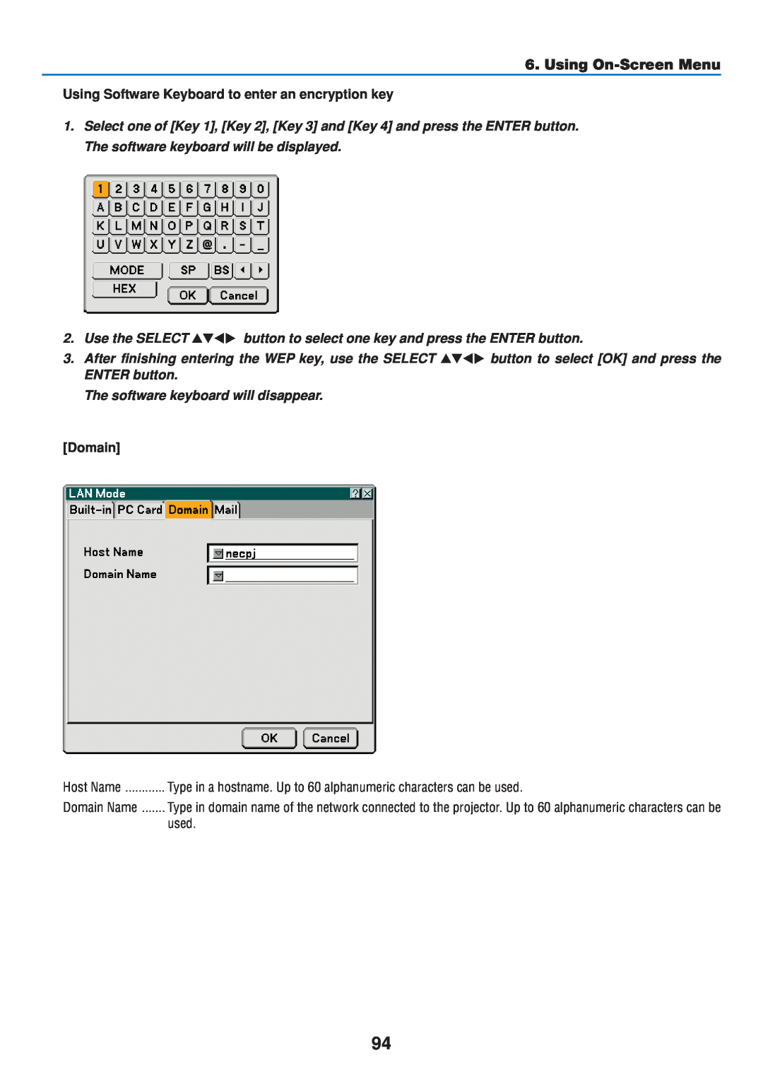 Dukane 8808 user manual Using On-Screen Menu, Using Software Keyboard to enter an encryption key, Domain 