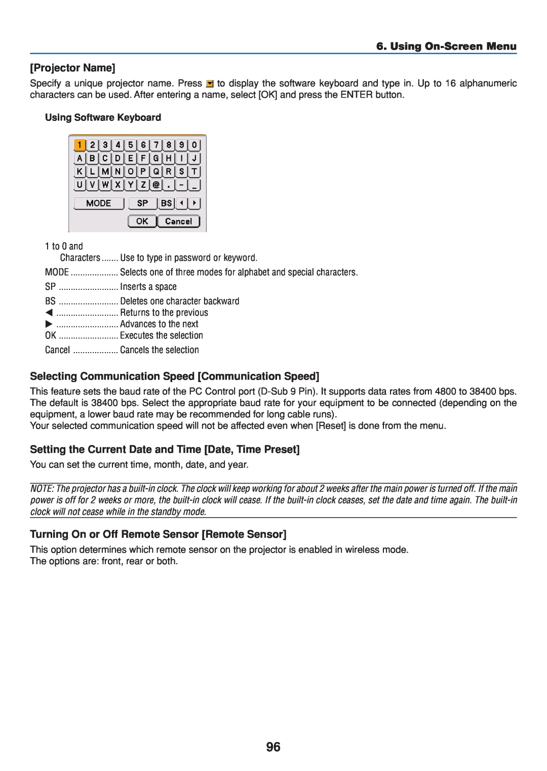 Dukane 8808 user manual Projector Name, Selecting Communication Speed Communication Speed, Using On-Screen Menu 