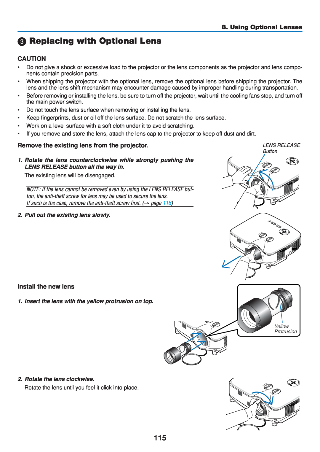 Dukane 8808 user manual Replacing with Optional Lens, Remove the existing lens from the projector, Install the new lens 