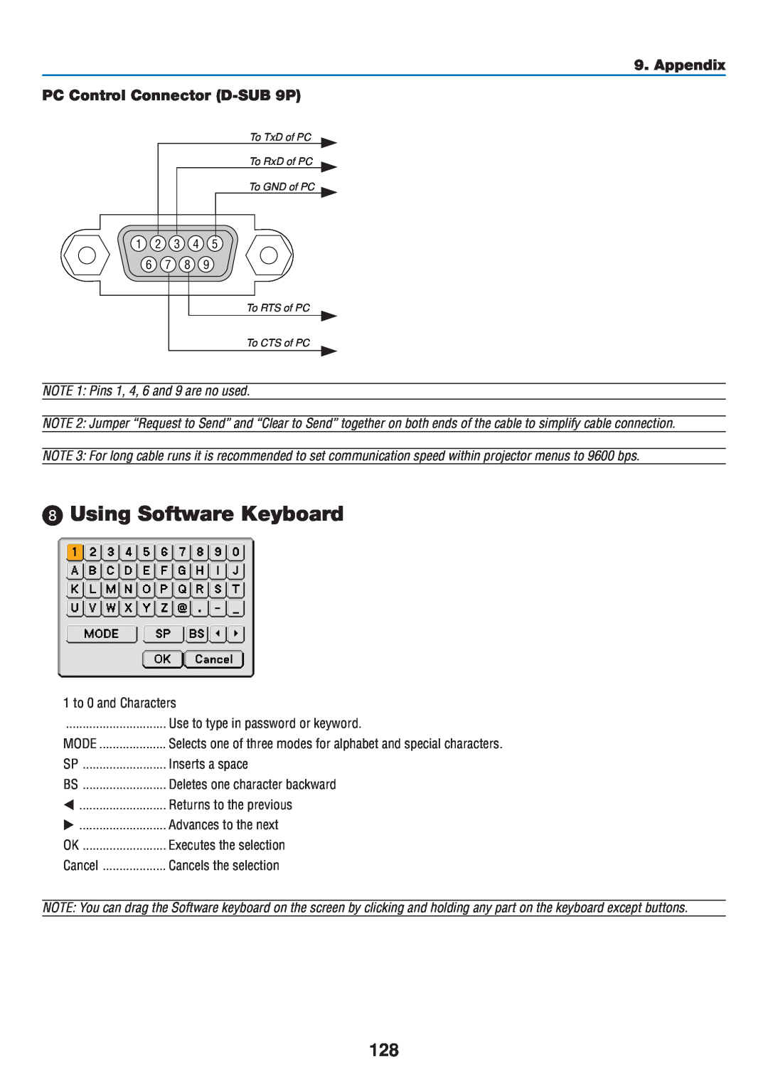 Dukane 8808 user manual Using Software Keyboard, Appendix PC Control Connector D-SUB 9P, Mode 