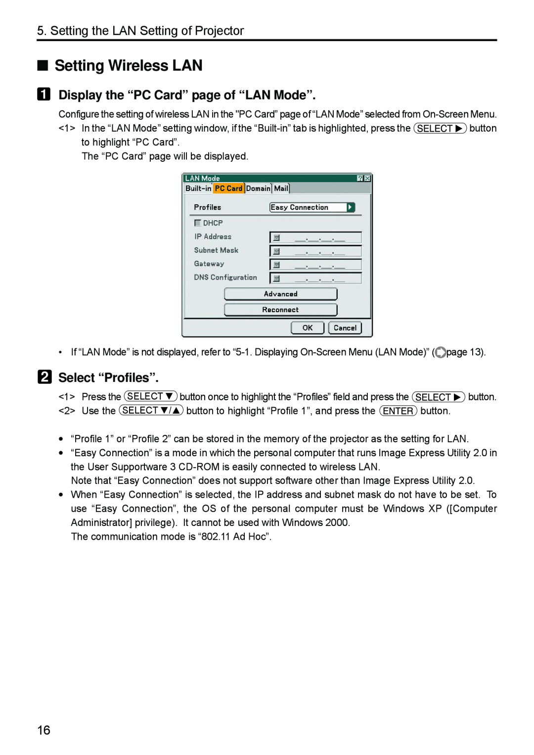 Dukane 8808 user manual Setting Wireless LAN, Display the “PC Card” page of “LAN Mode”, Select “Profiles” 