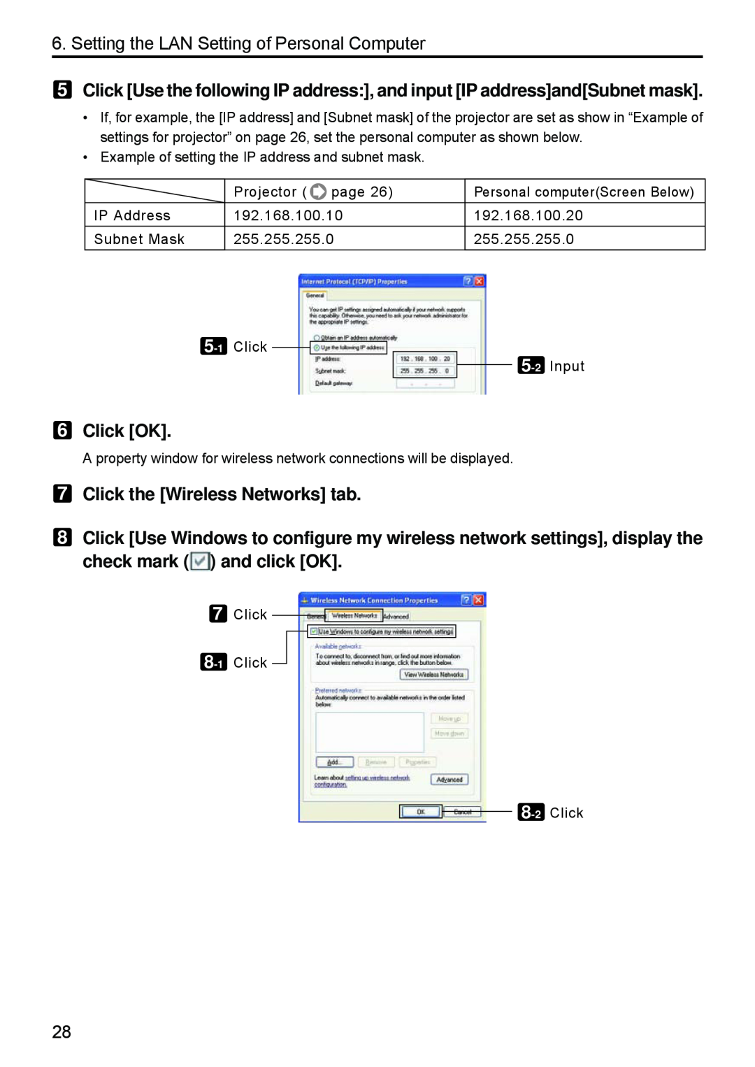 Dukane 8808 user manual Click OK, Click the Wireless Networks tab, Setting the LAN Setting of Personal Computer 
