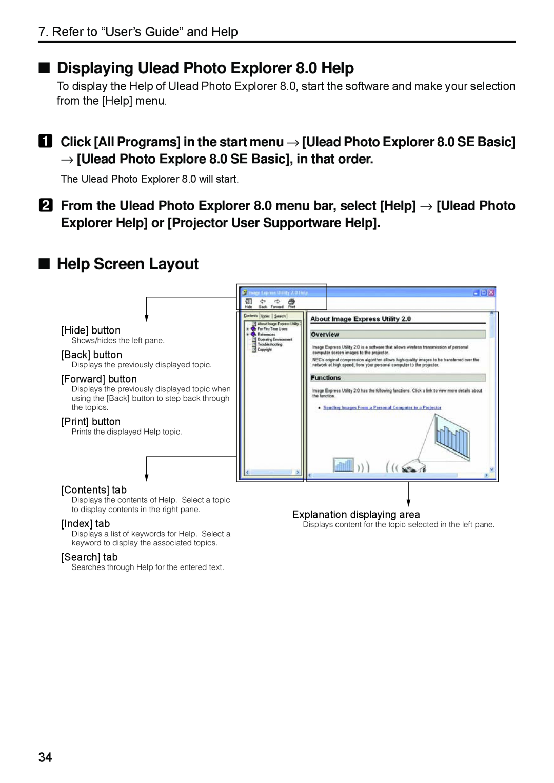 Dukane 8808 Displaying Ulead Photo Explorer 8.0 Help, Help Screen Layout, Explorer Help or Projector User Supportware Help 