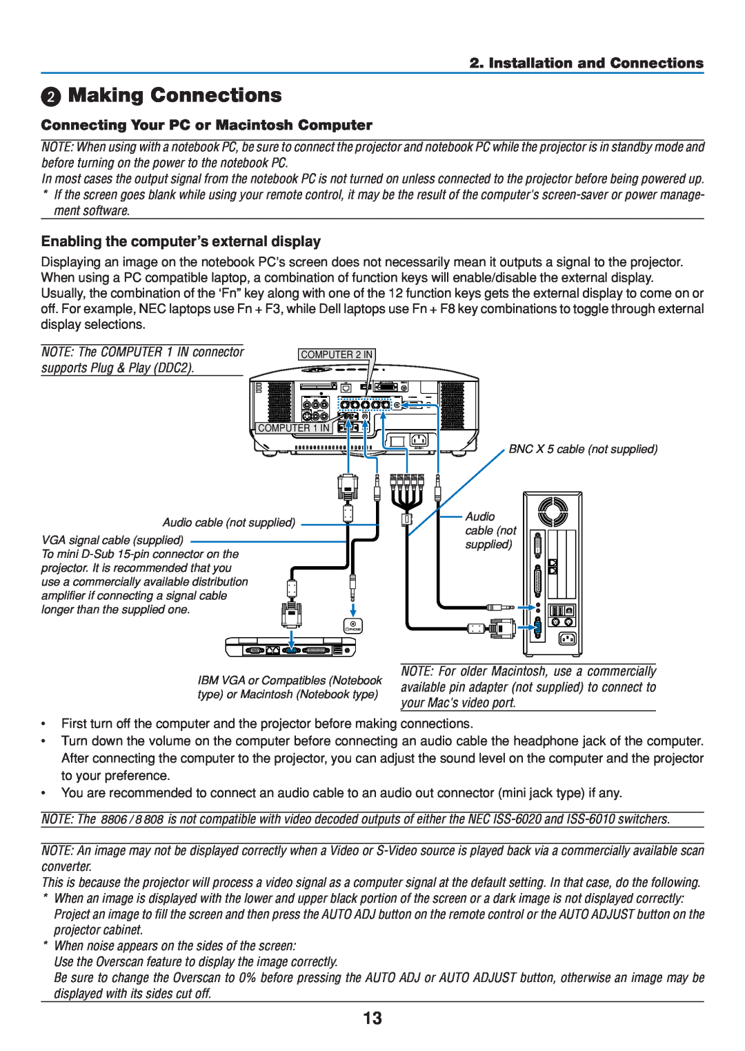 Dukane 8808 user manual Making Connections, Installation and Connections, Connecting Your PC or Macintosh Computer 