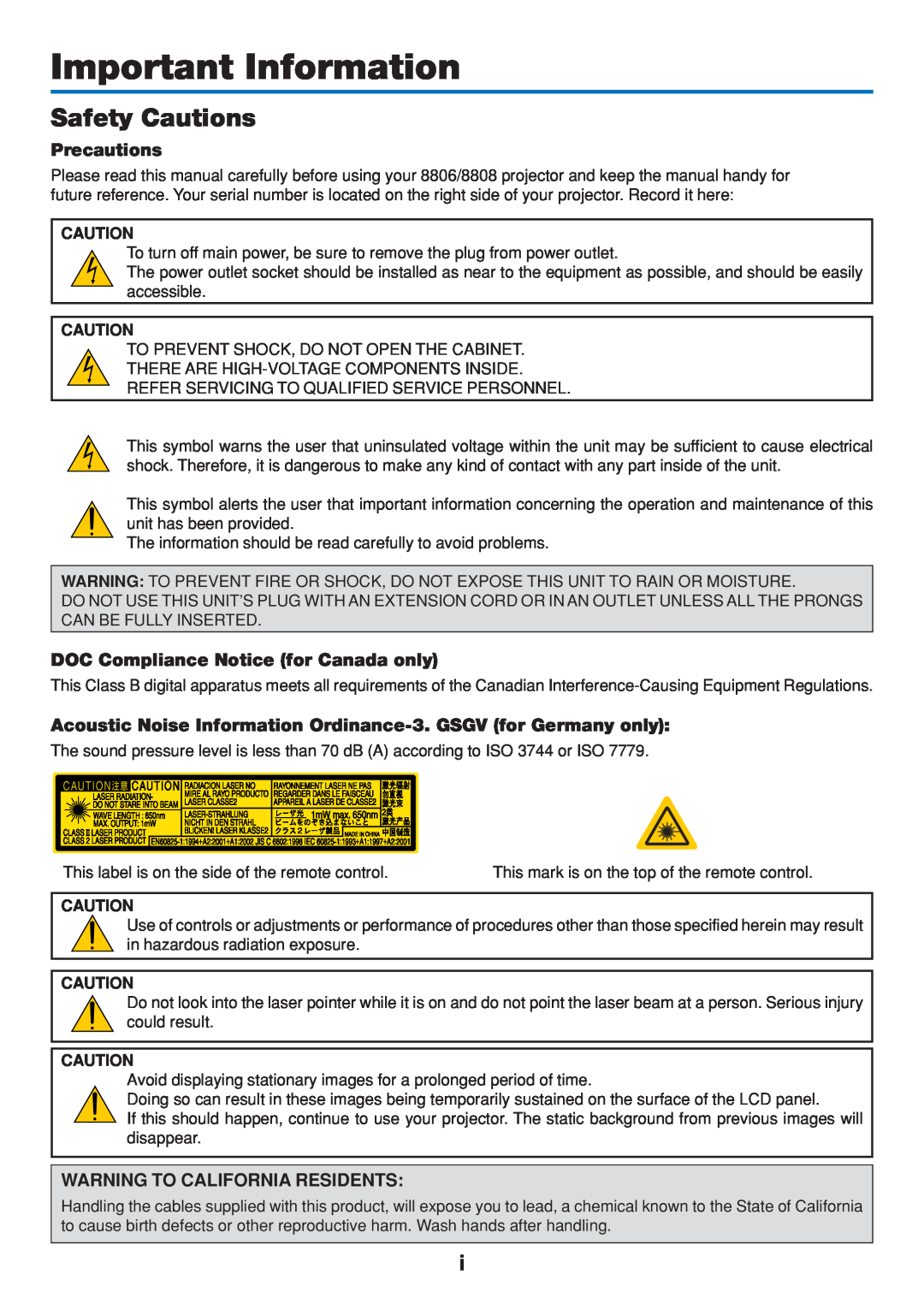 Dukane 8808 user manual Important Information, Safety Cautions, Precautions, DOC Compliance Notice for Canada only 