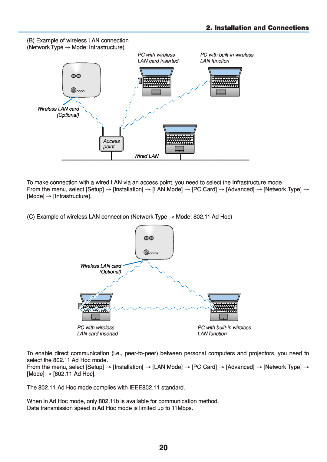Dukane 8808 Installation and Connections, C Example of wireless LAN connection Network Type → Mode 802.11 Ad Hoc 
